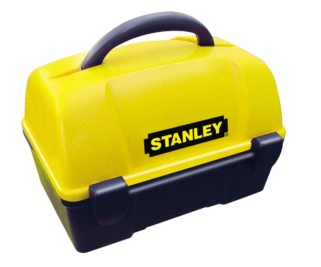 STANLEY 1-77-160 bright yellow and black hard plastic toolbox with handle, front angle on white background.