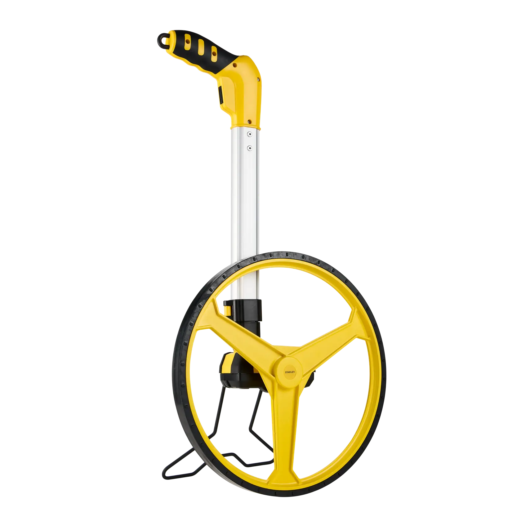 STANLEY 1-77-174 measuring wheel with yellow handle and large black-rimmed wheel, side angle on white background.