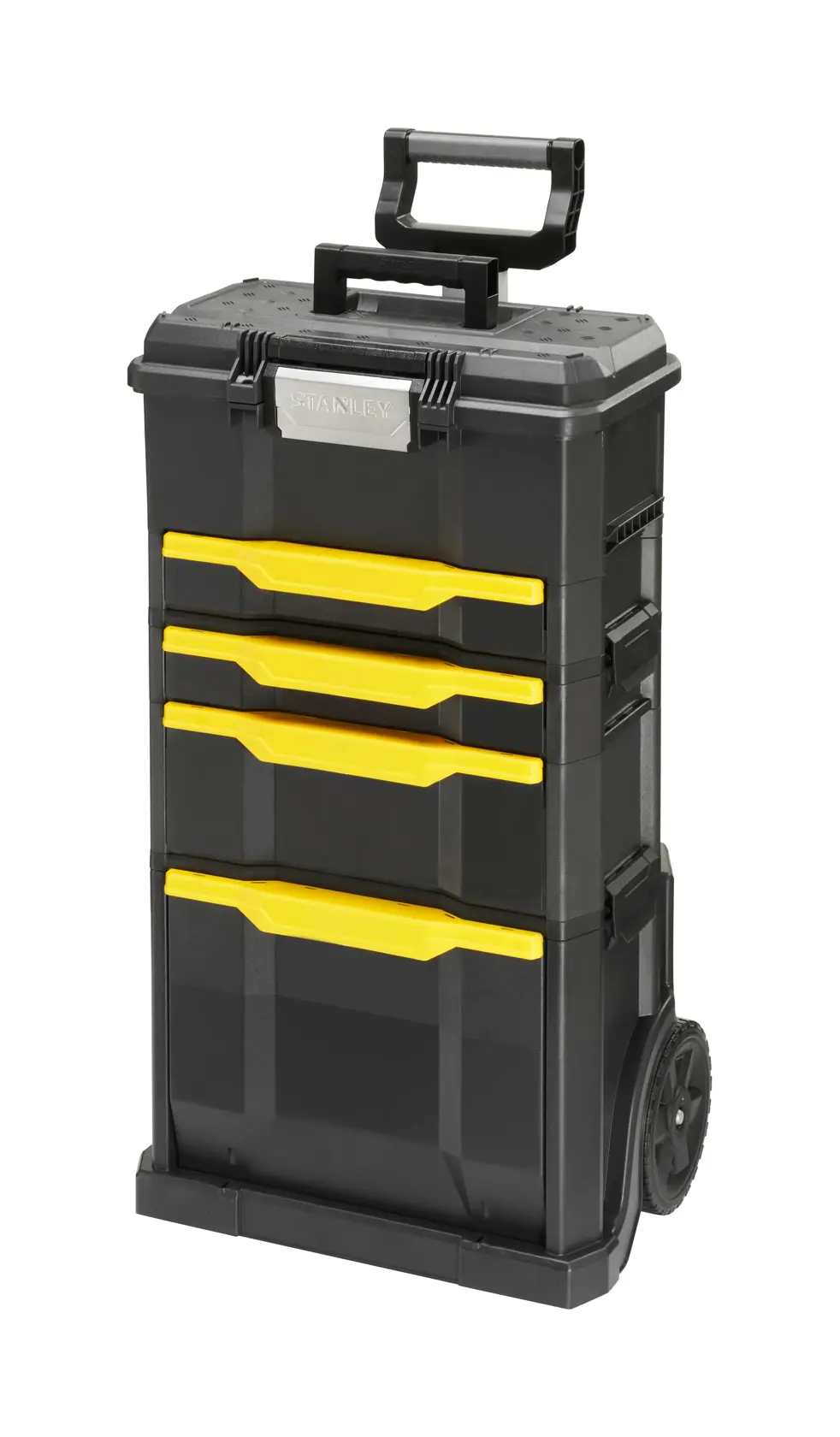 Stanley black rolling toolbox with four yellow drawers and handle for portable storage.