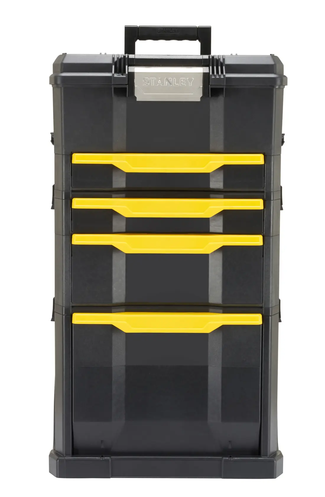 Stanley black toolbox with four yellow drawers, sturdy plastic design and top carry handle.