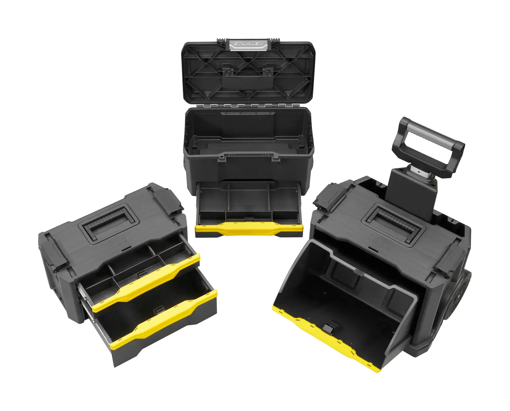 Three black and yellow Stanley toolboxes with open compartments and drawers, shown in different configurations.