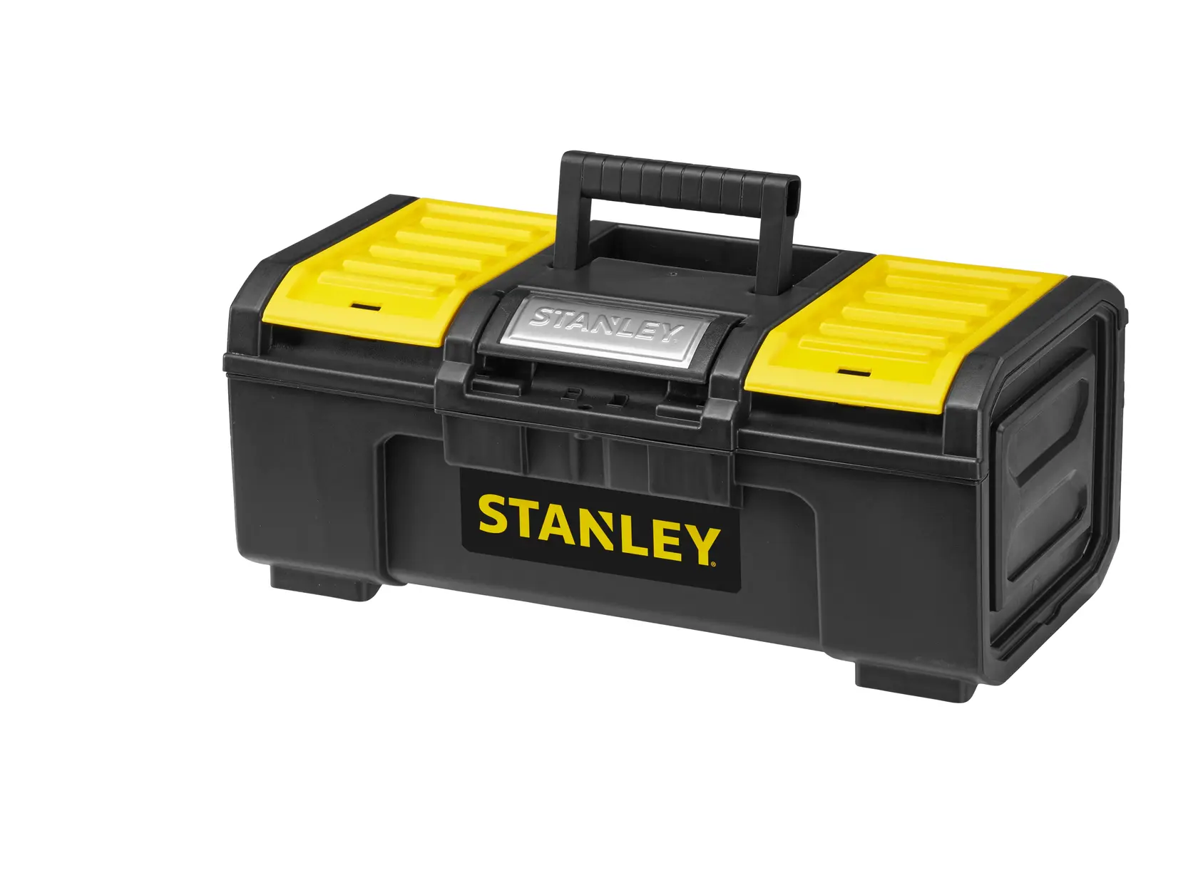 STANLEY 1-79-216 black and yellow plastic toolbox, angled front view, sturdy handle and secure latch.