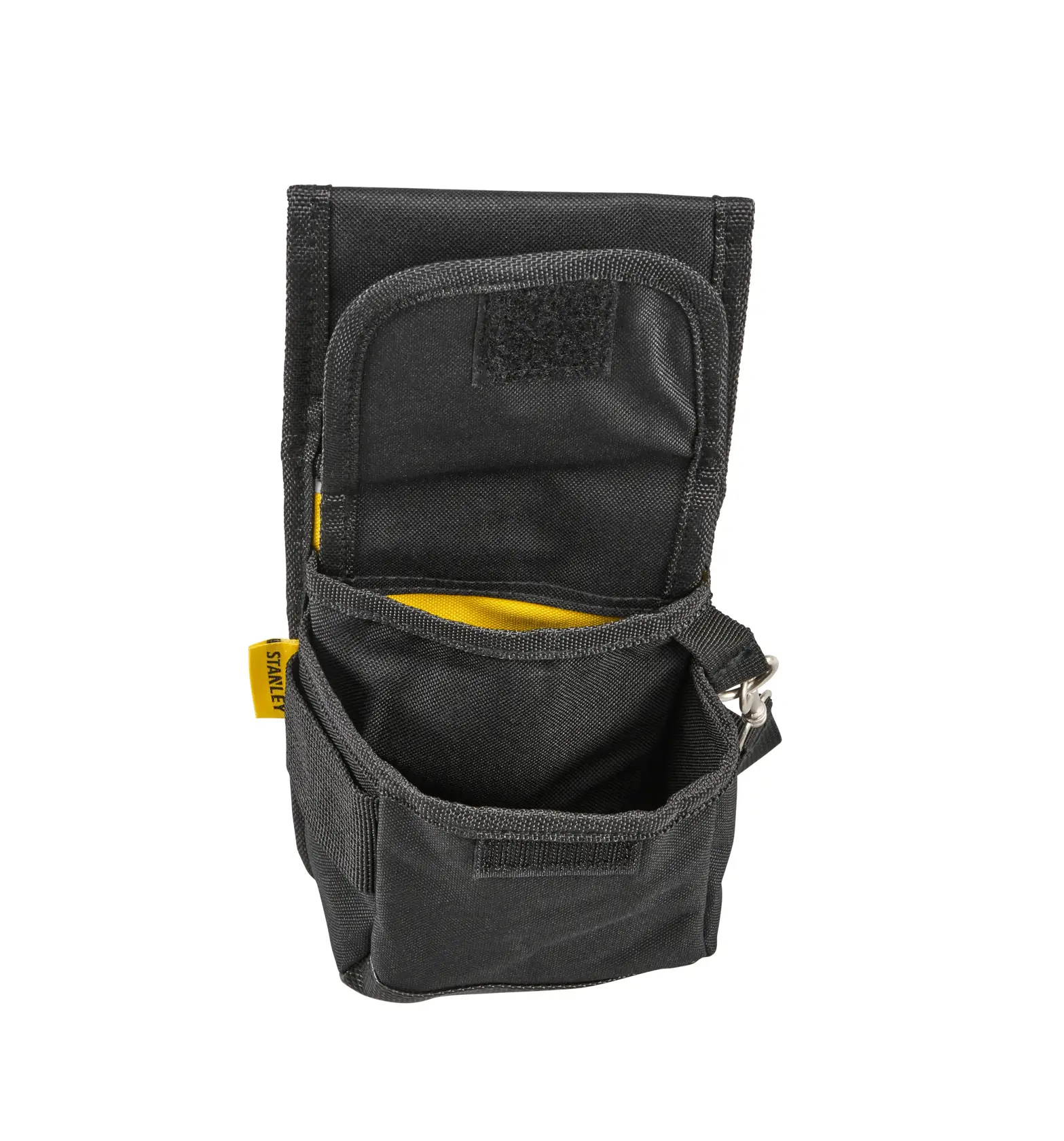 STANLEY 1-93-329 black fabric tool pouch with open flap, yellow interior, front and side pockets, white background.
