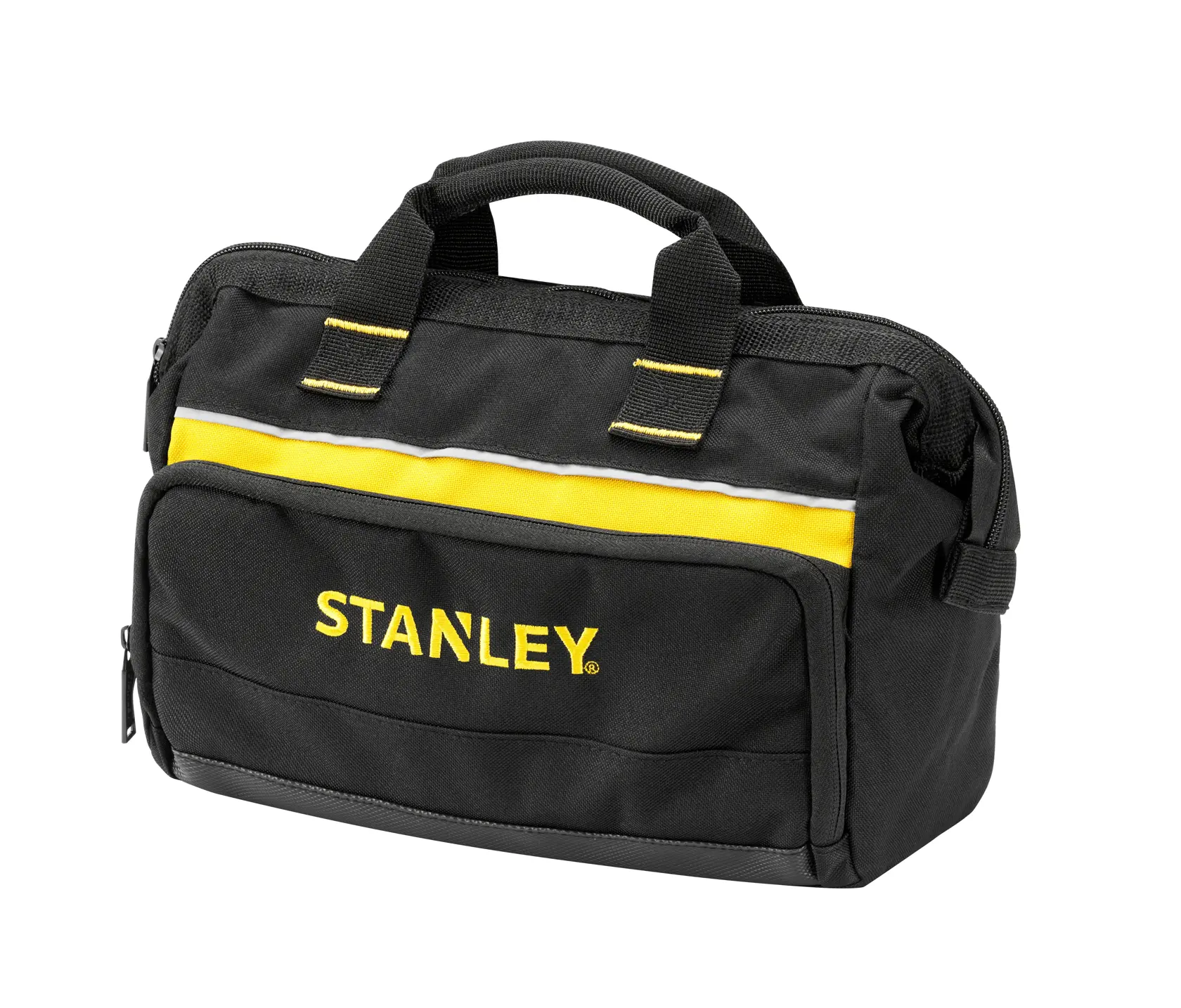 STANLEY 1-93-330 tool bag, black fabric with yellow stripe, front angle on white background.
