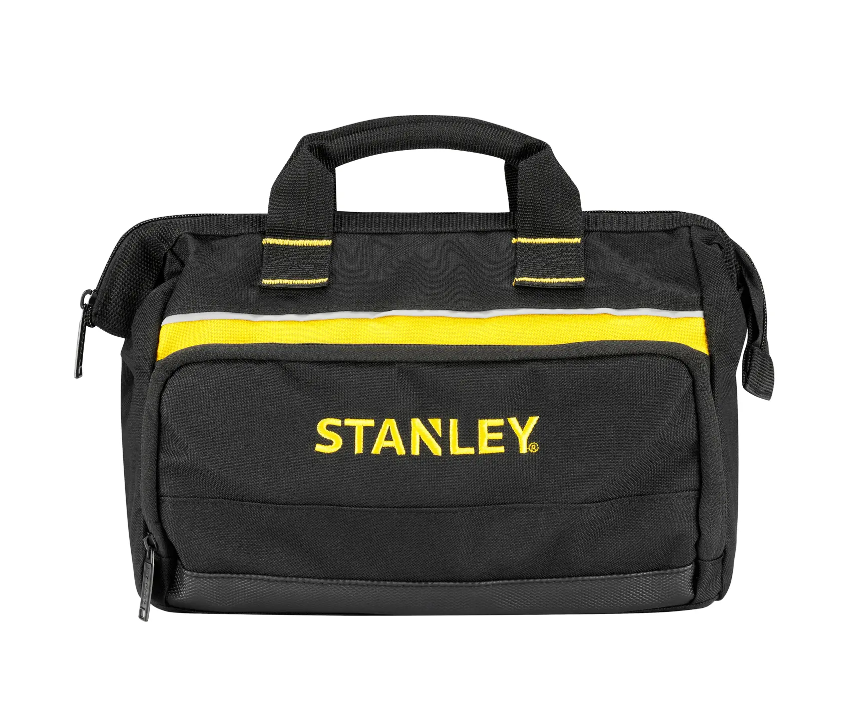 STANLEY 1-93-330 tool bag, black fabric with yellow stripe, front view on white background.