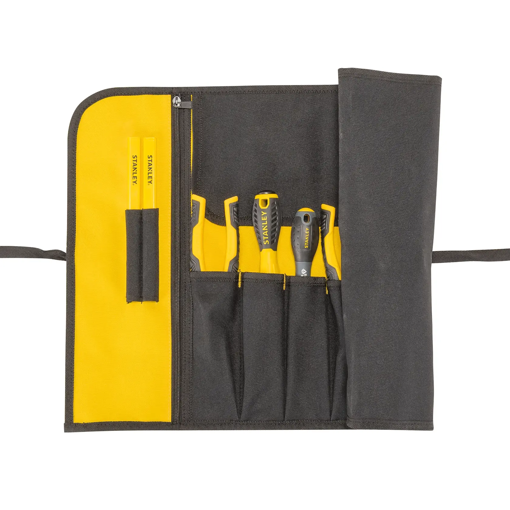 STANLEY 1-93-601 tool roll with yellow and black canvas, holding screwdrivers and tools, top view on white background.