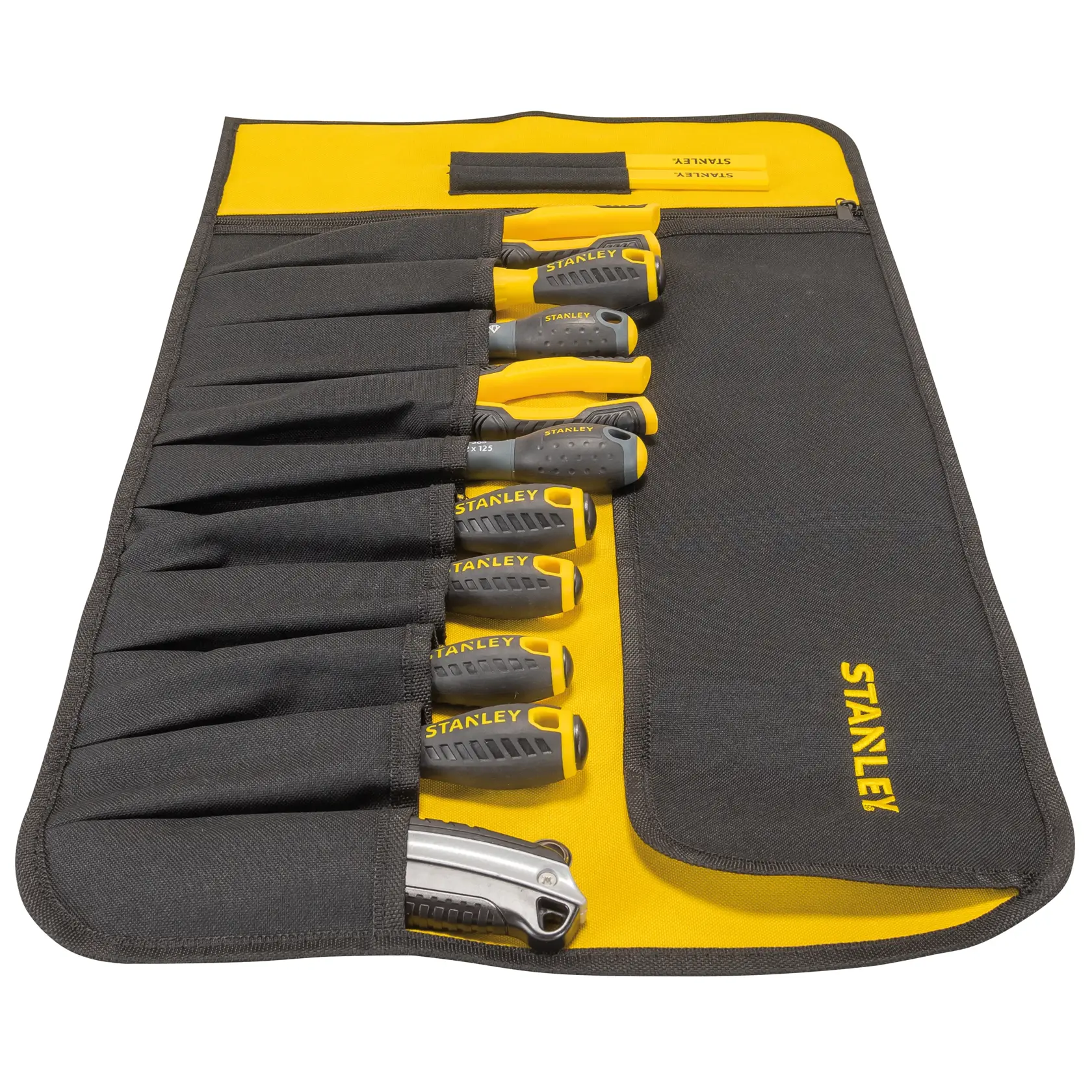STANLEY 1-93-601 tool roll with yellow and black handles, screwdrivers and knife set, angled view.