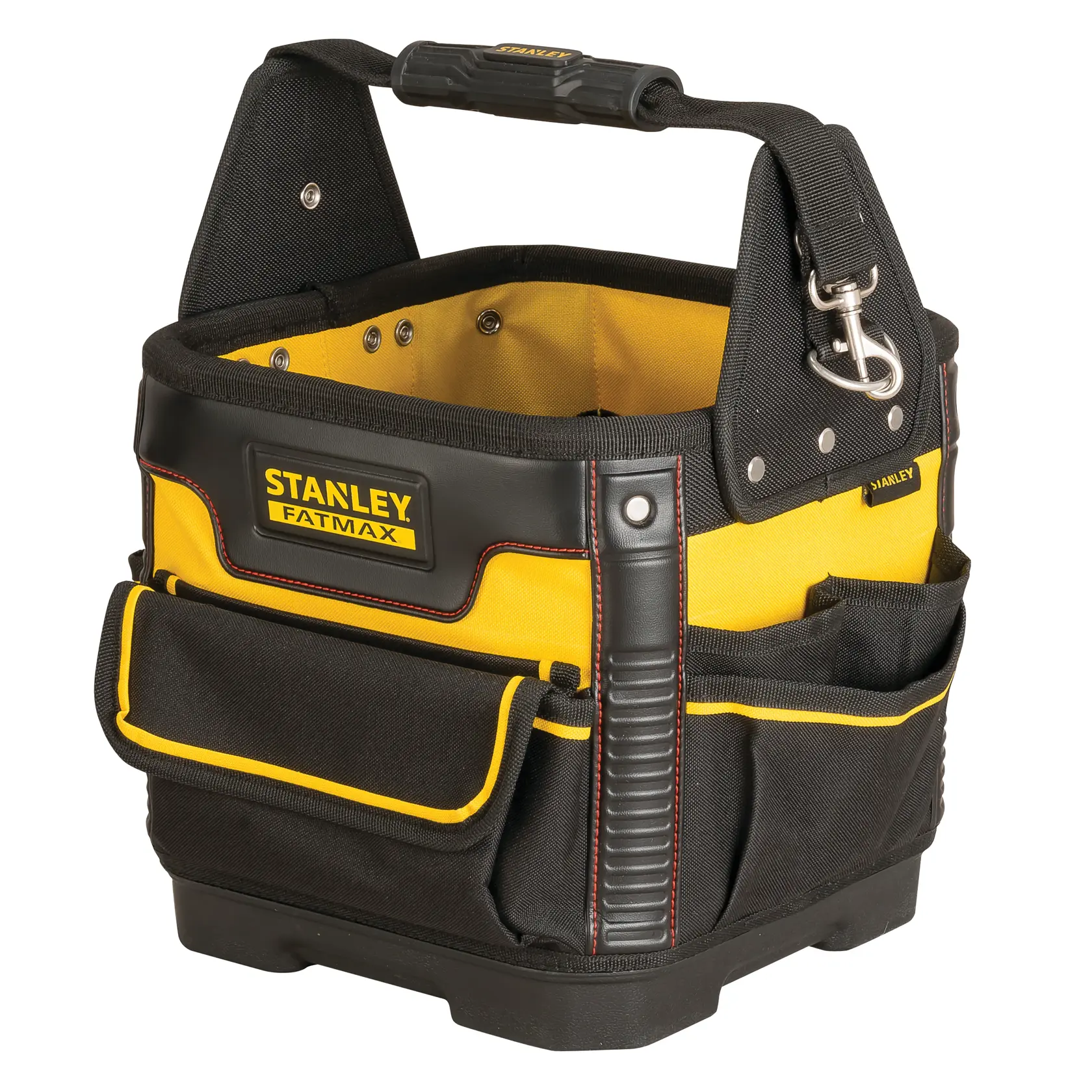 STANLEY 1-93-952 tool tote bag, yellow and black, front angle, reinforced handle, multiple pockets.