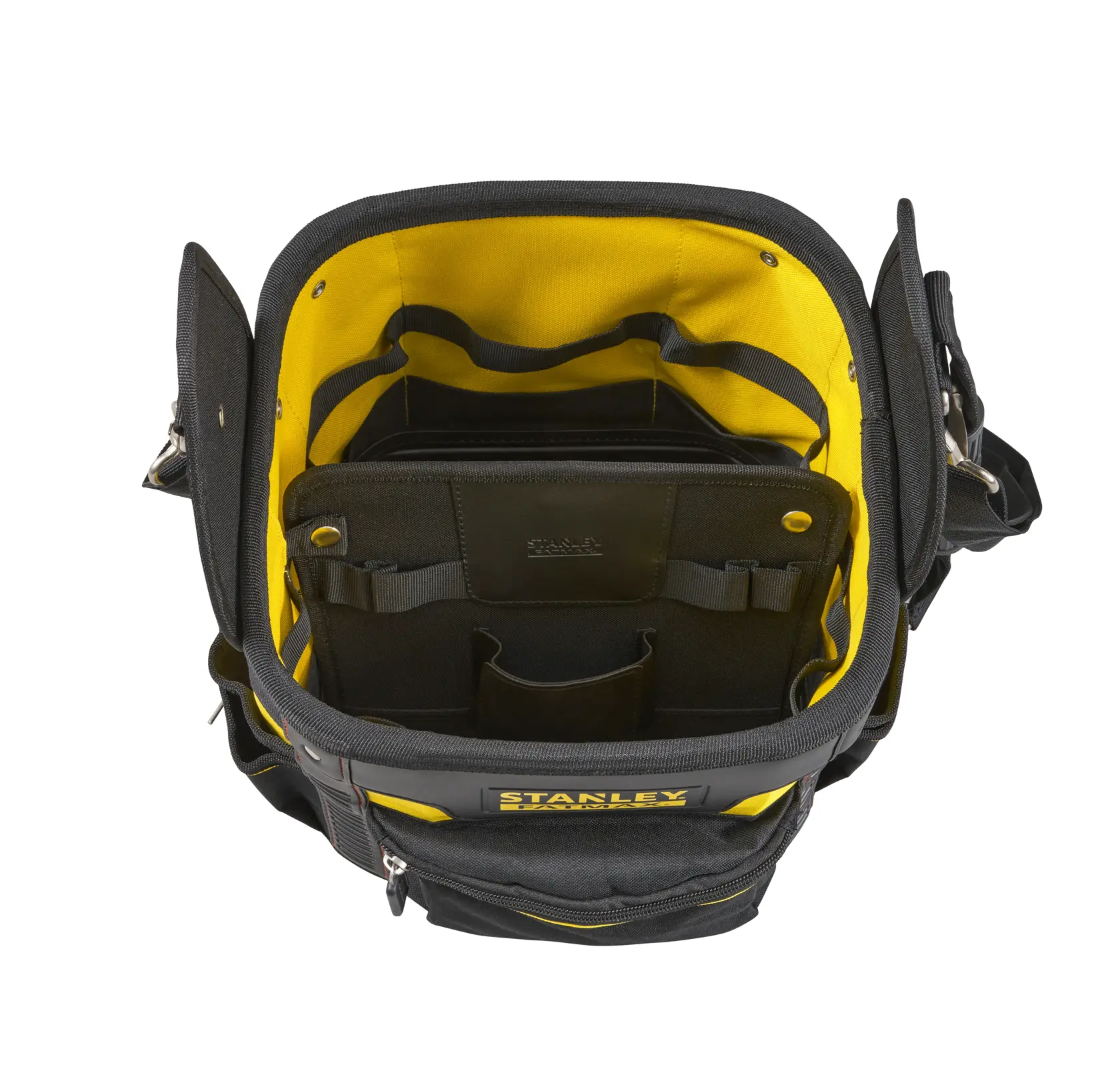 STANLEY 1-93-952 tool bag with multiple interior pockets, top view, black and yellow fabric.
