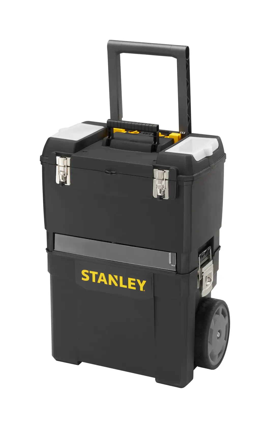 STANLEY 1-93-968 rolling tool box with telescopic handle, black with yellow logo, white background, front angle.