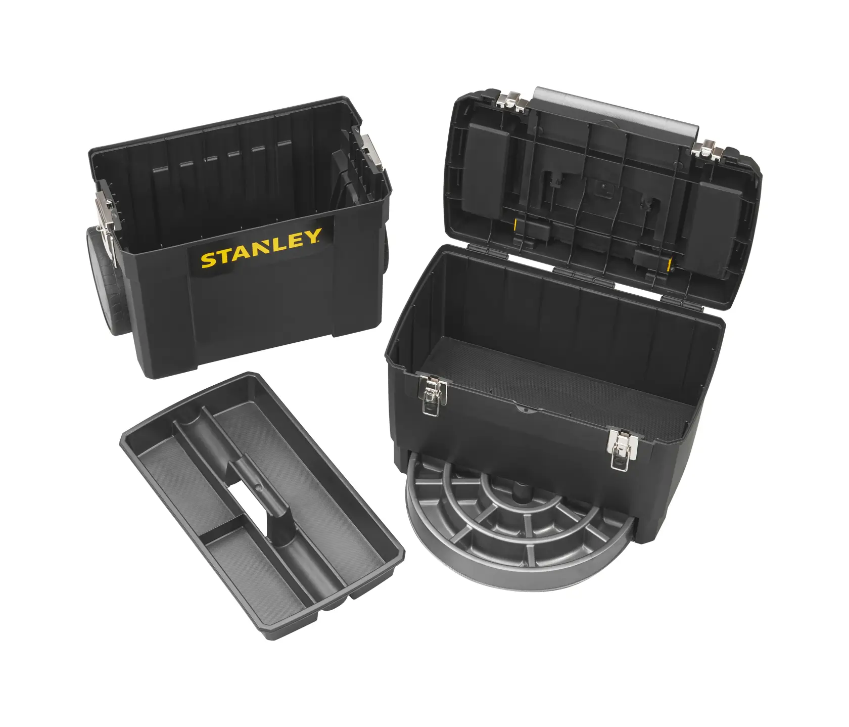 Stanley black plastic toolbox open with removable tray and organizer compartment, shown in separate parts.