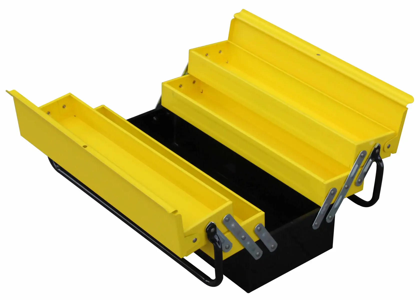 STANLEY 1-94-738 metal cantilever toolbox with yellow trays, open, angled view.