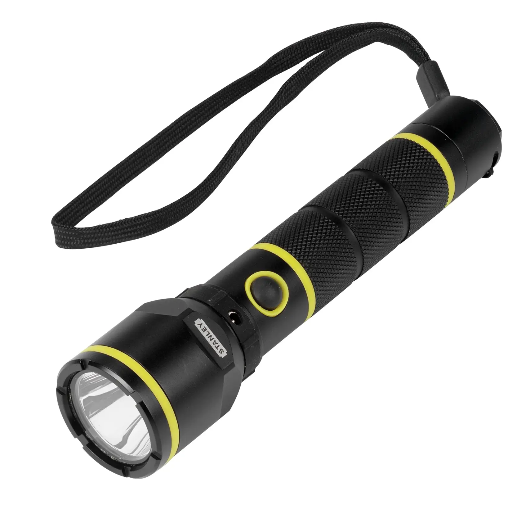 STANLEY 1-95-154 black and yellow flashlight with textured grip and wrist strap, front angle on white background.