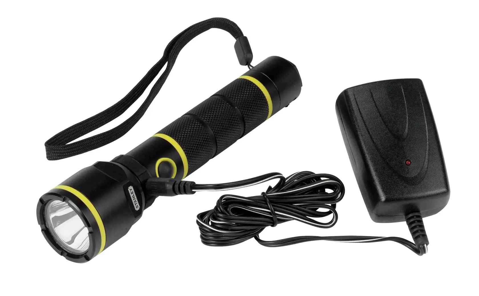 STANLEY 1-95-154 black and yellow flashlight with textured grip and wrist strap, shown with charger, front angle.