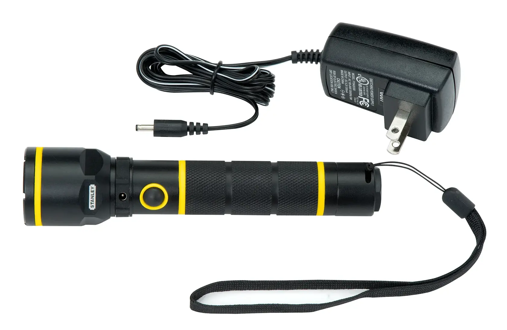 STANLEY 1-95-154 black and yellow flashlight with wrist strap and charger, top view on white background.