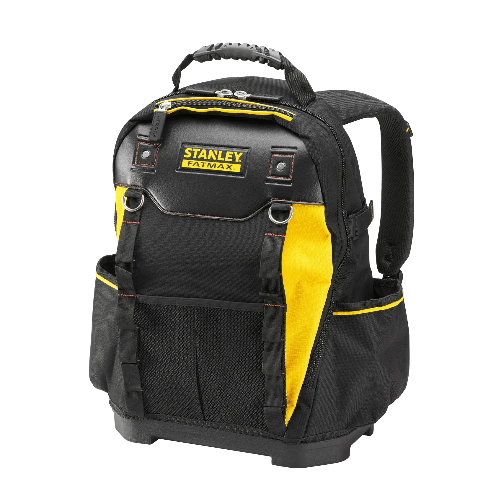 Photo of STANLEY 1-95-611 tool backpack, black and yellow, front angle on white background, durable base, multiple pockets.