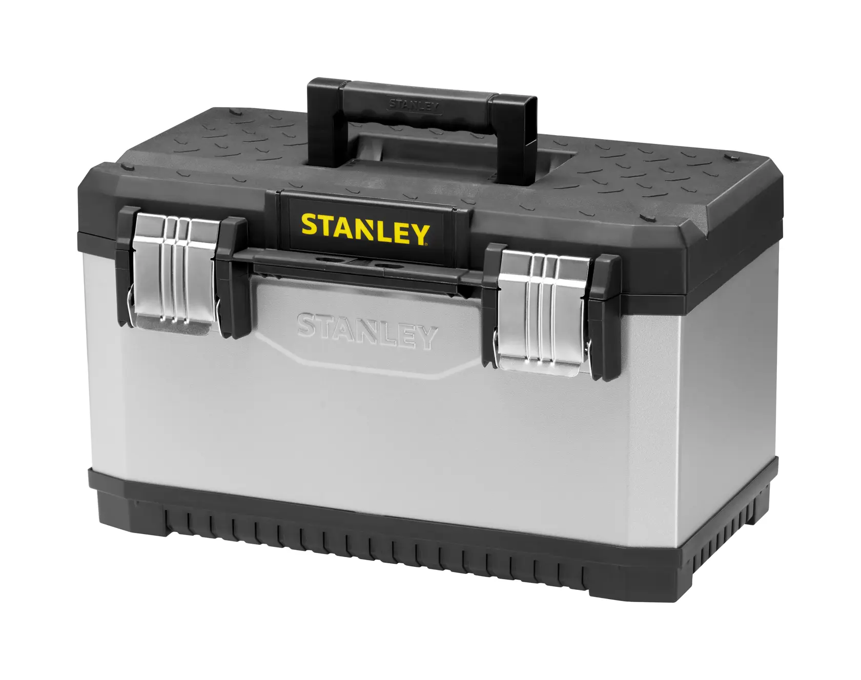 Stanley metal and plastic toolbox with black lid and silver body, featuring a handle and two secure latches.