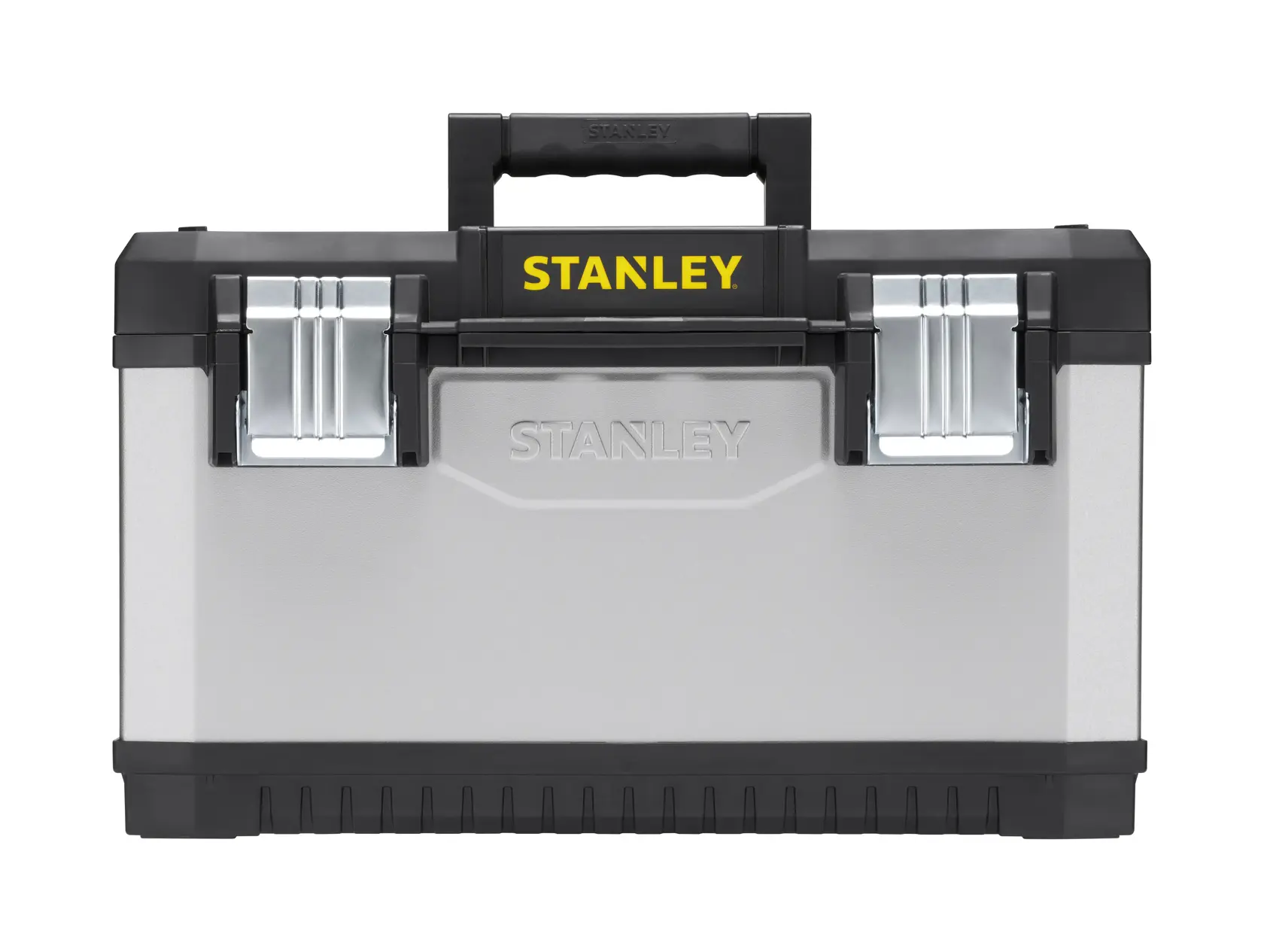 Stanley metal toolbox with black handle and silver latches, front view.