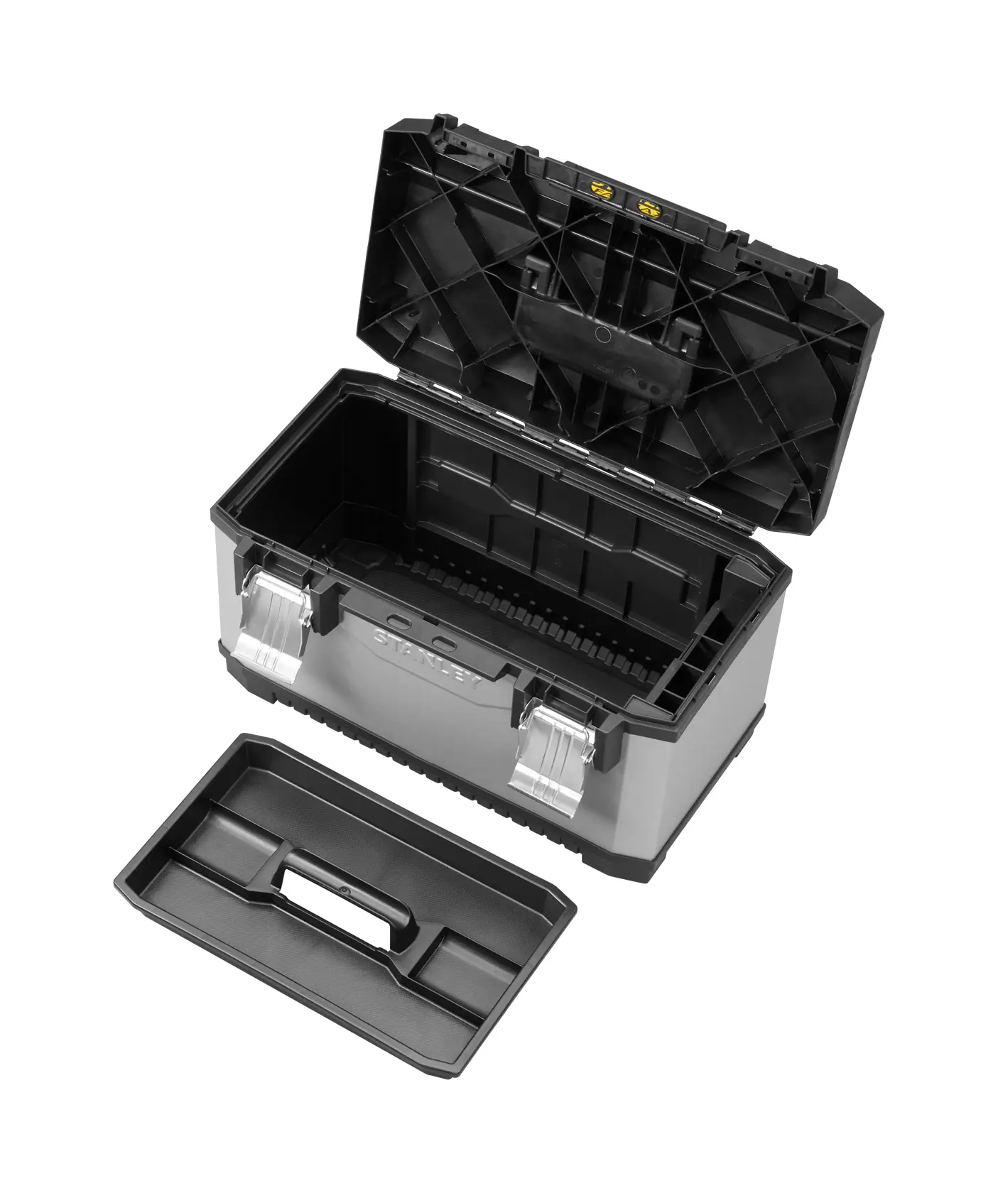 Open STANLEY toolbox with tray, black and silver, showing internal compartments and latches.