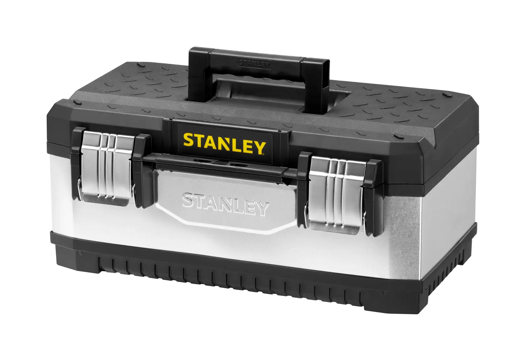 STANLEY 1-95-618 toolbox, silver and black, front angle, metal latches, durable plastic handle.