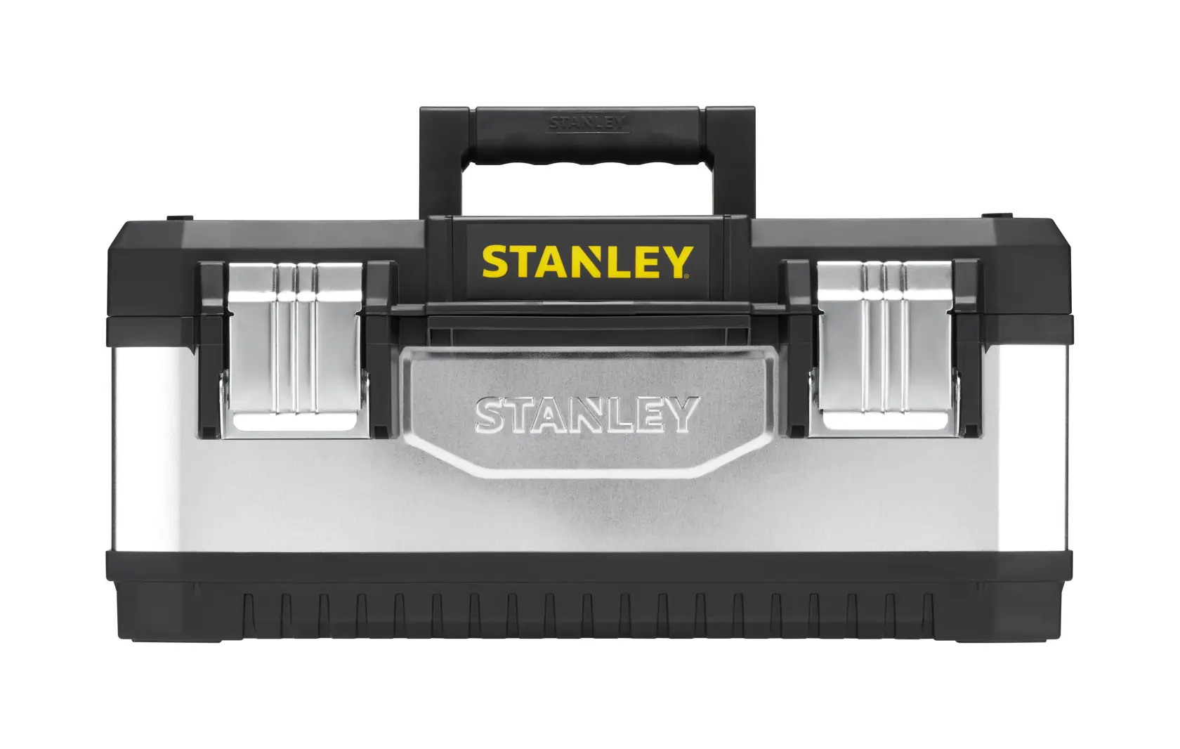 Photo of STANLEY toolbox 1-95-618, metal and black plastic with handle, latches, front view on white background.