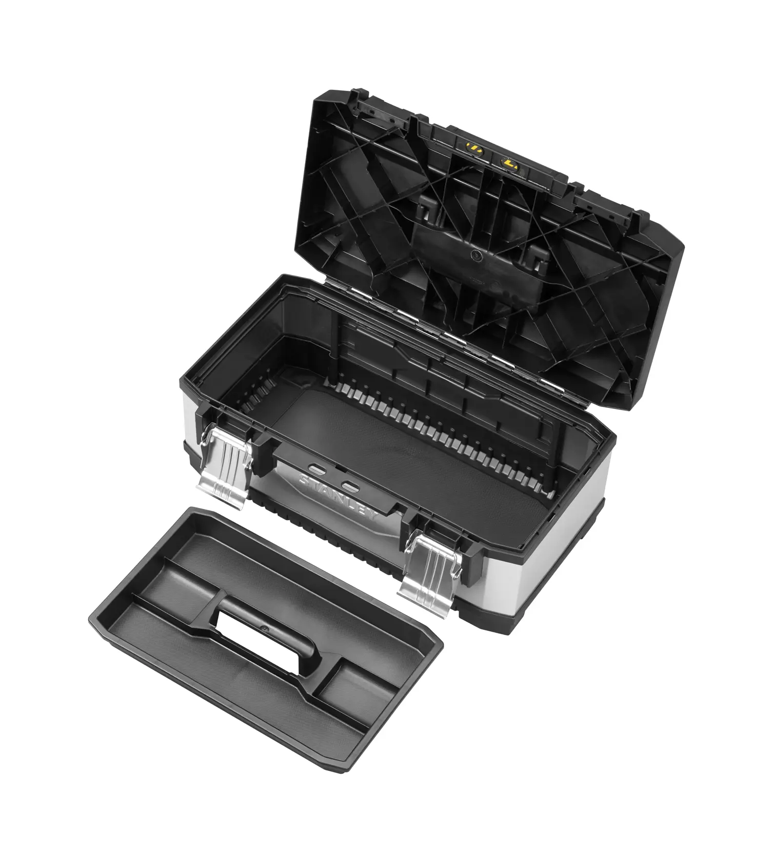 Open Stanley toolbox with removable tray and metal latches, shown on a white background.