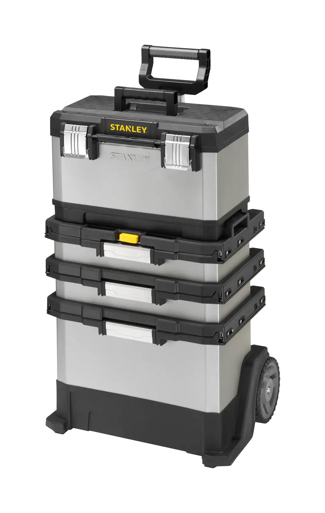 STANLEY 1-95-622 rolling metal tool box stack with four compartments, black and silver, front angle photo.