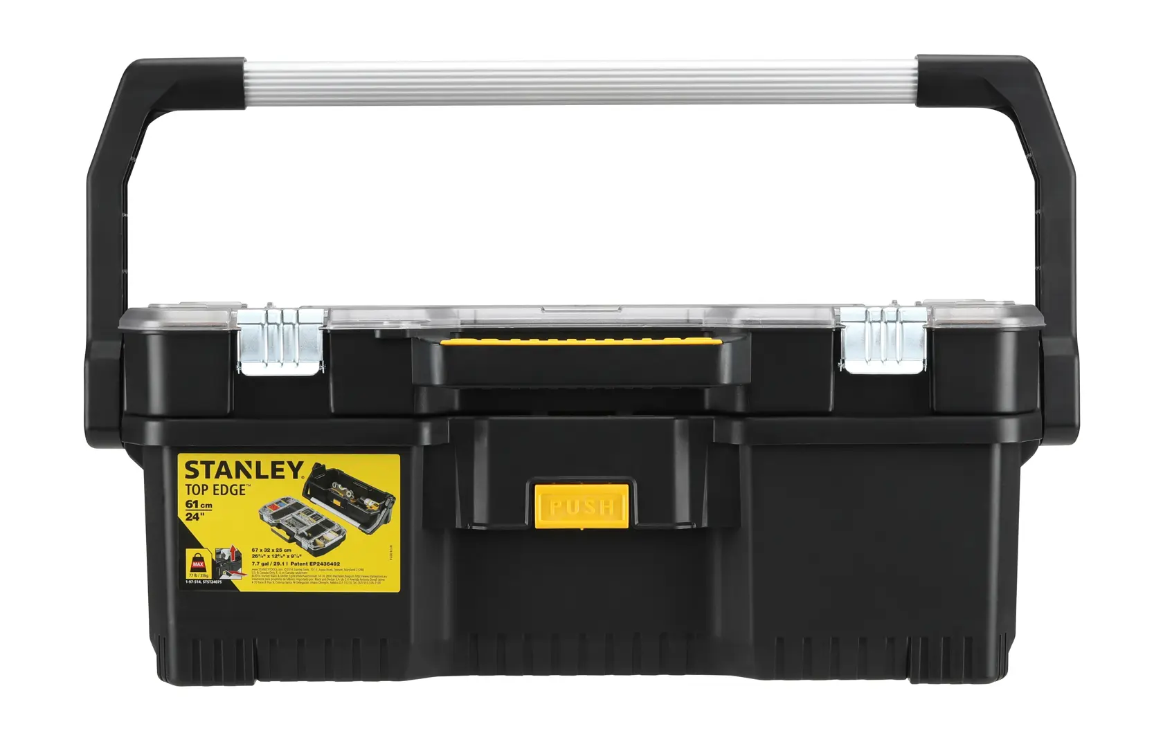 STANLEY 1-97-514 black toolbox with large silver handle, yellow accents, front view on white background.