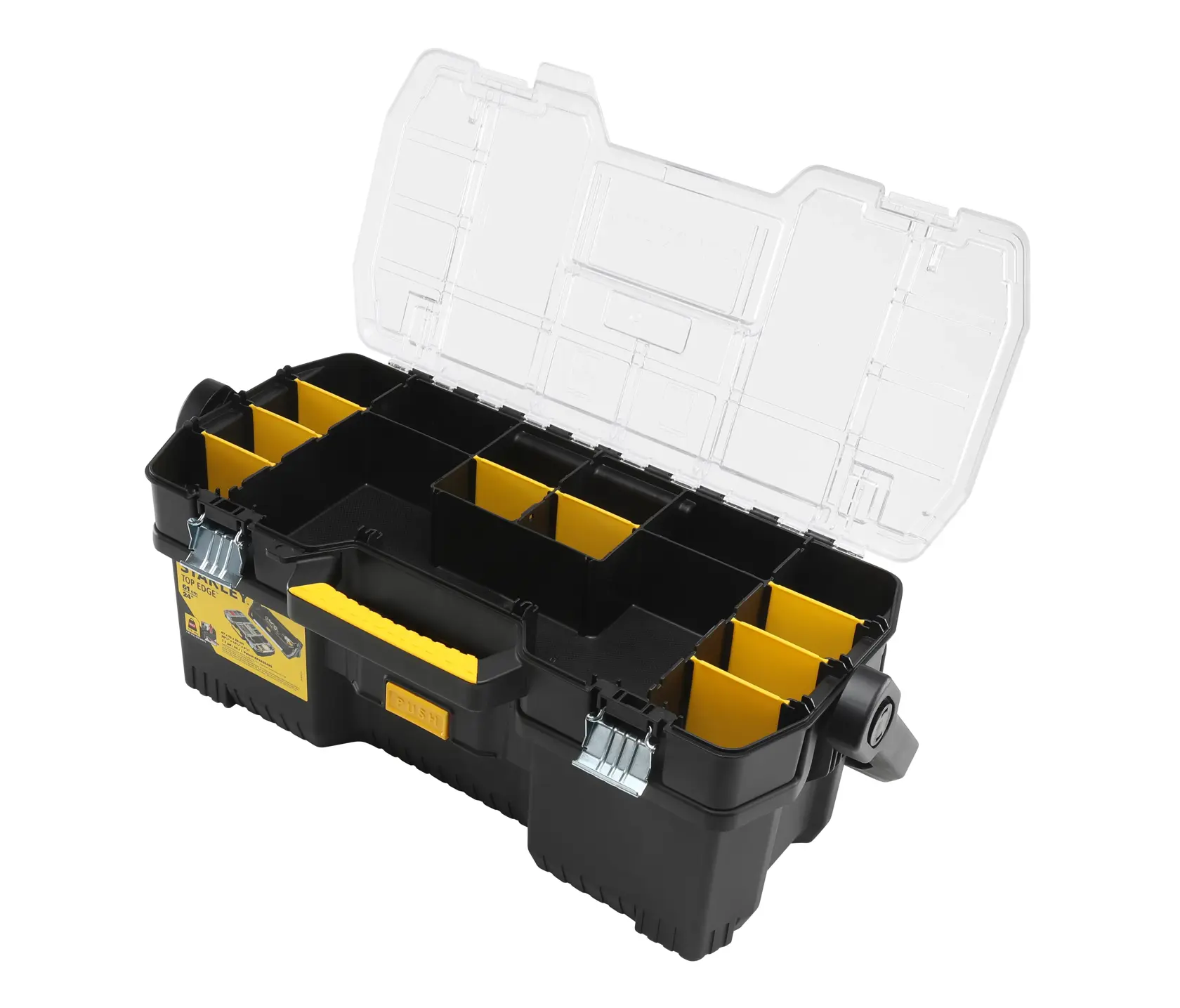 STANLEY 1-97-514 black organizer box with yellow dividers and clear lid, angled front view.