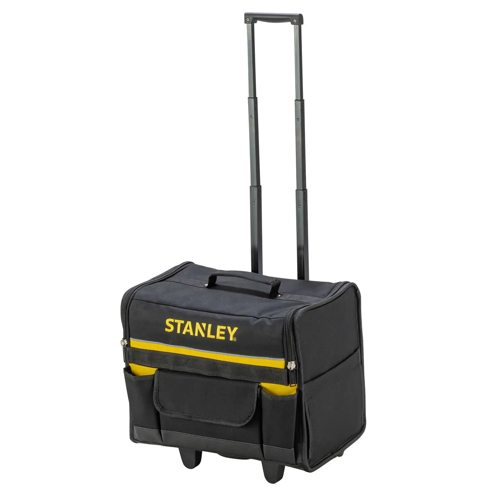STANLEY 1-97-515 rolling tool bag, black with yellow stripe, front angle, telescopic handle extended.