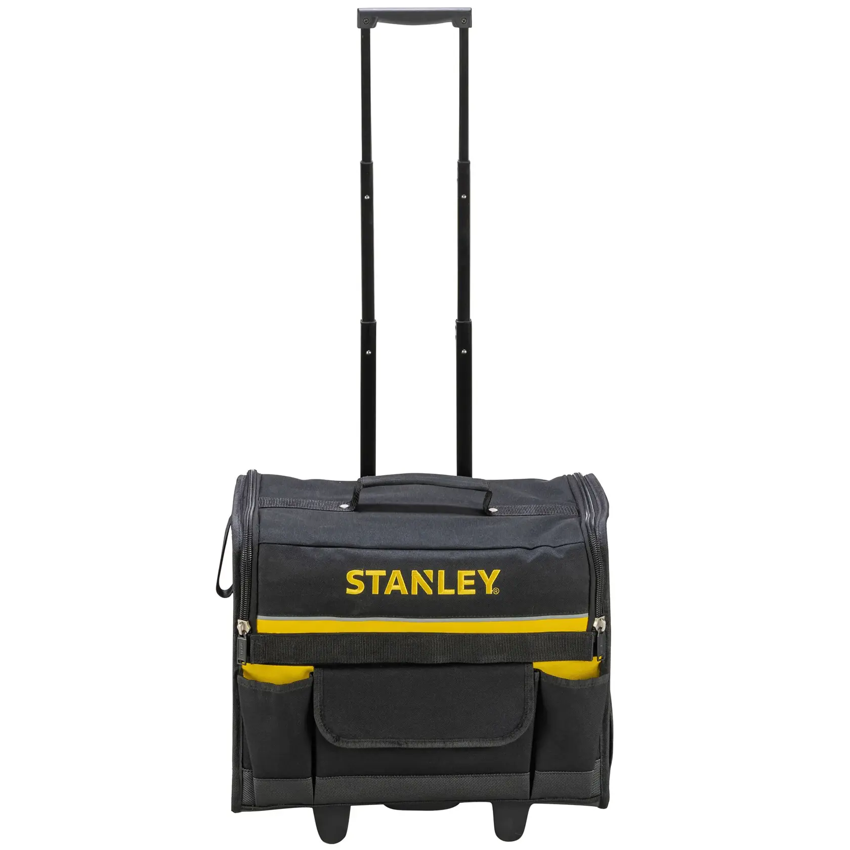 STANLEY 1-97-515 rolling tool bag, black with yellow accents, front angle on white background.