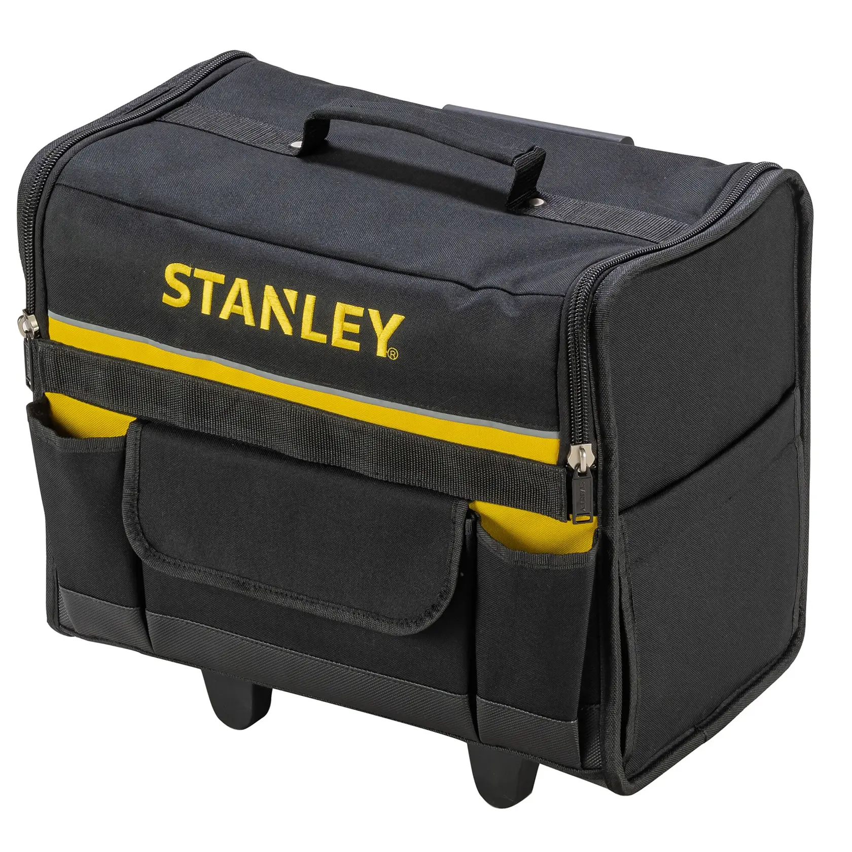 STANLEY 1-97-515 tool bag with handle, black fabric, yellow stripe, front angle photo.