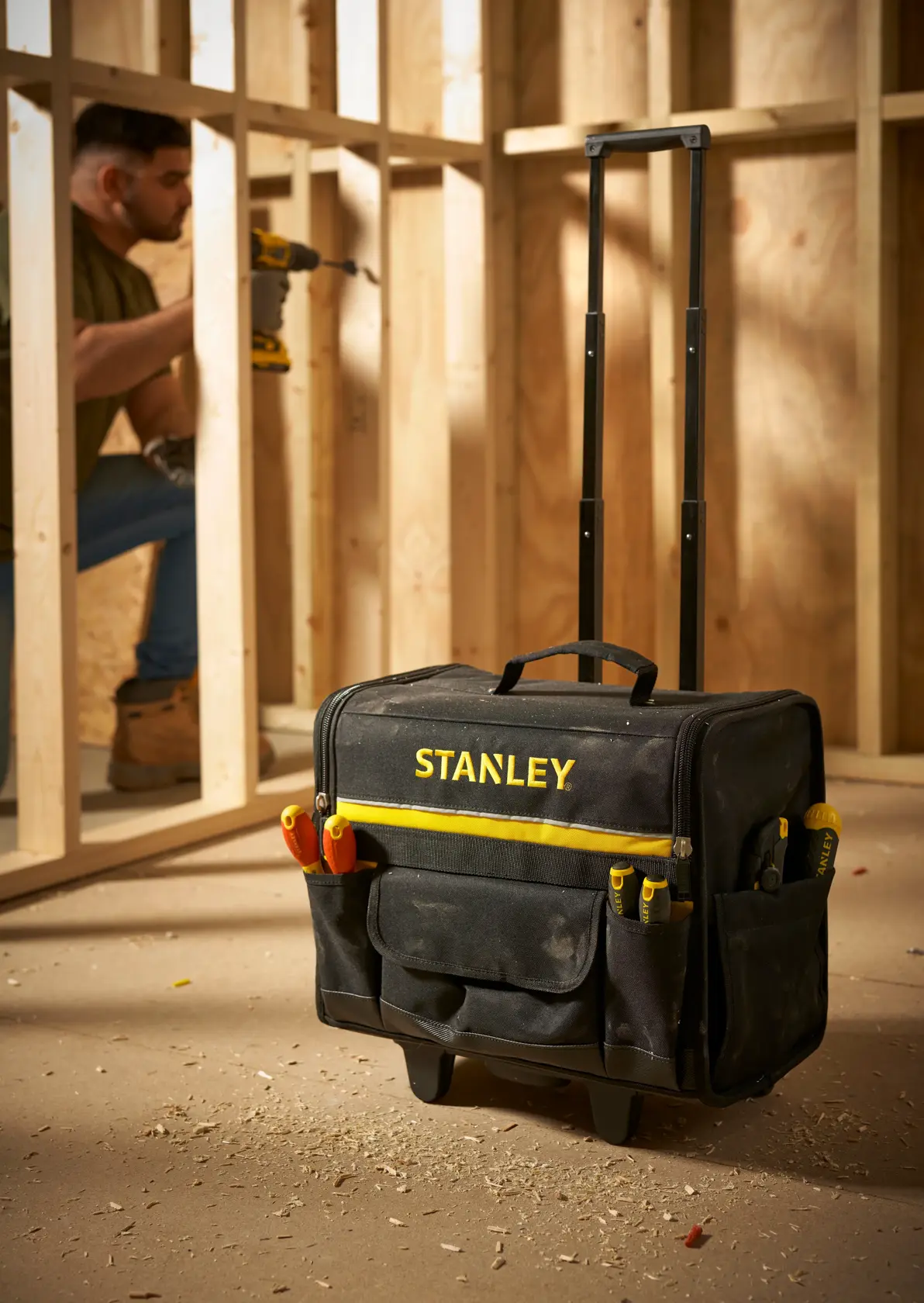 STANLEY 1-97-515 rolling tool bag with telescopic handle on construction site, front angle.
