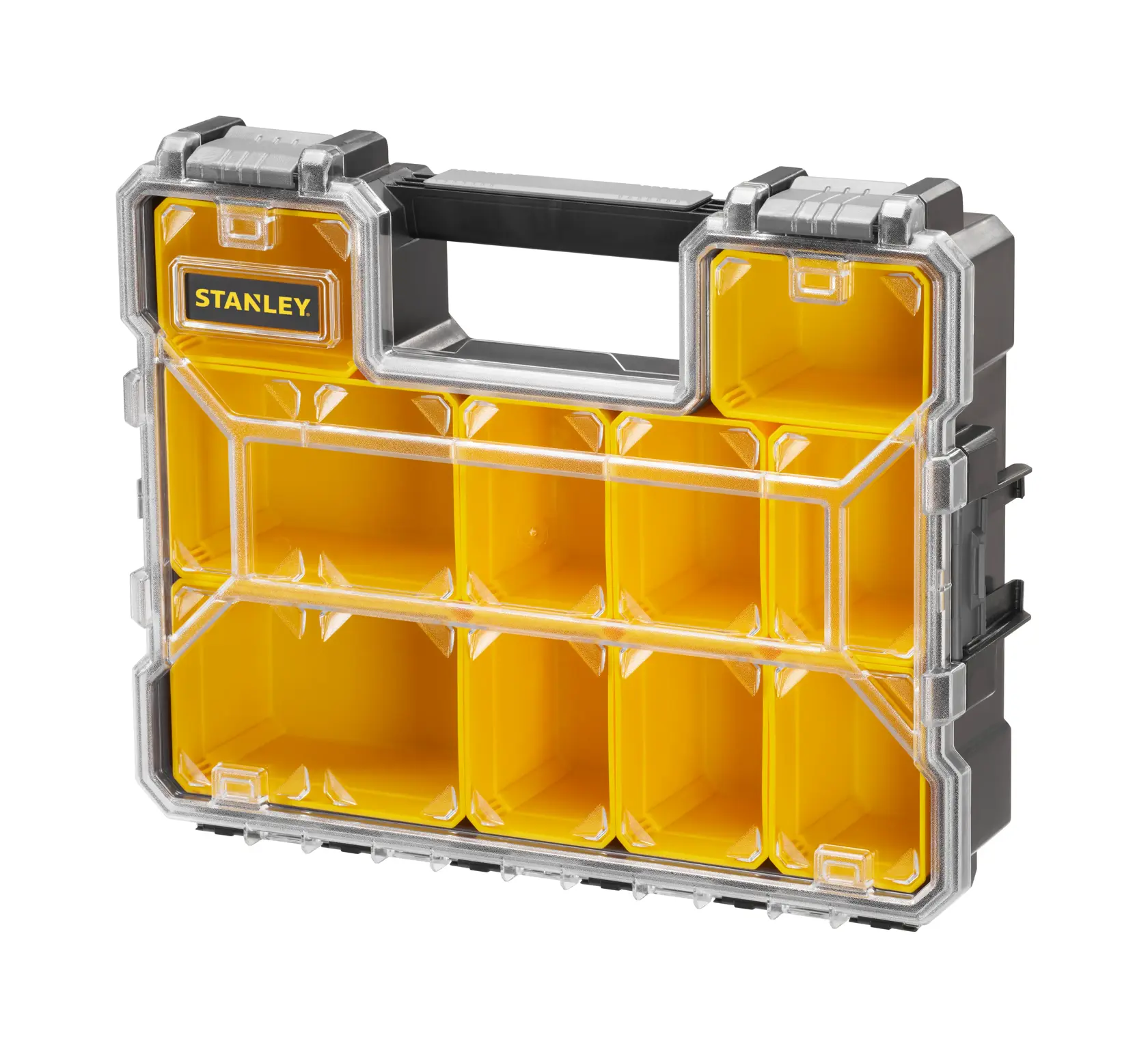 STANLEY 1-97-521 yellow and clear organizer box, front angle, plastic compartments and handle.