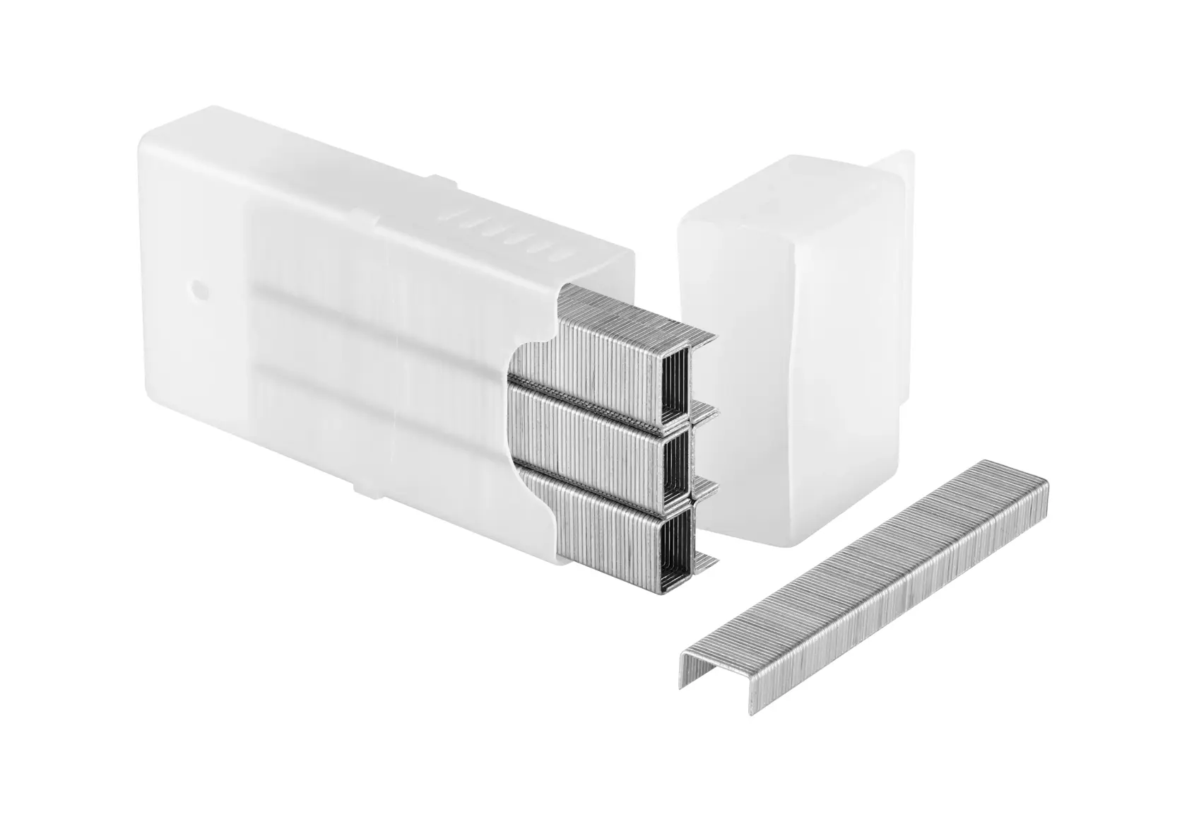 Stanley staples in a white plastic case, opened to show three rows of metal staples for staplers.