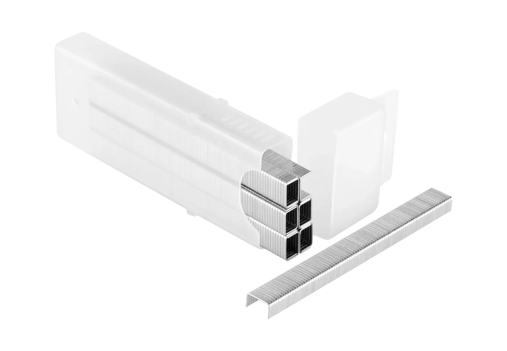 STANLEY 1-TRA704T photography of silver staples pack with one staple strip in front, white background.