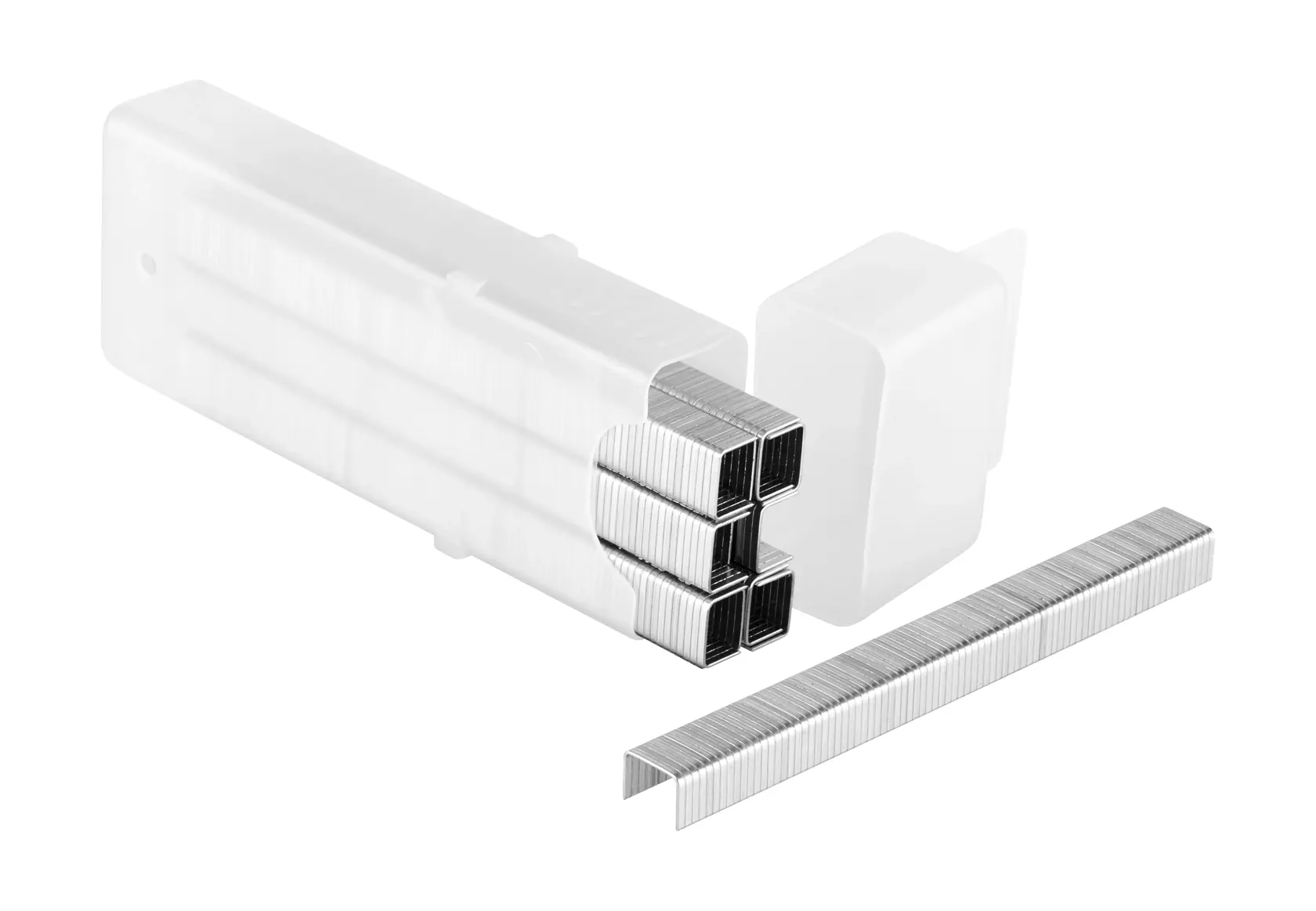 STANLEY 1-TRA705T silver staples, close-up view of several rows in a stack, packaging partially visible, on white background.