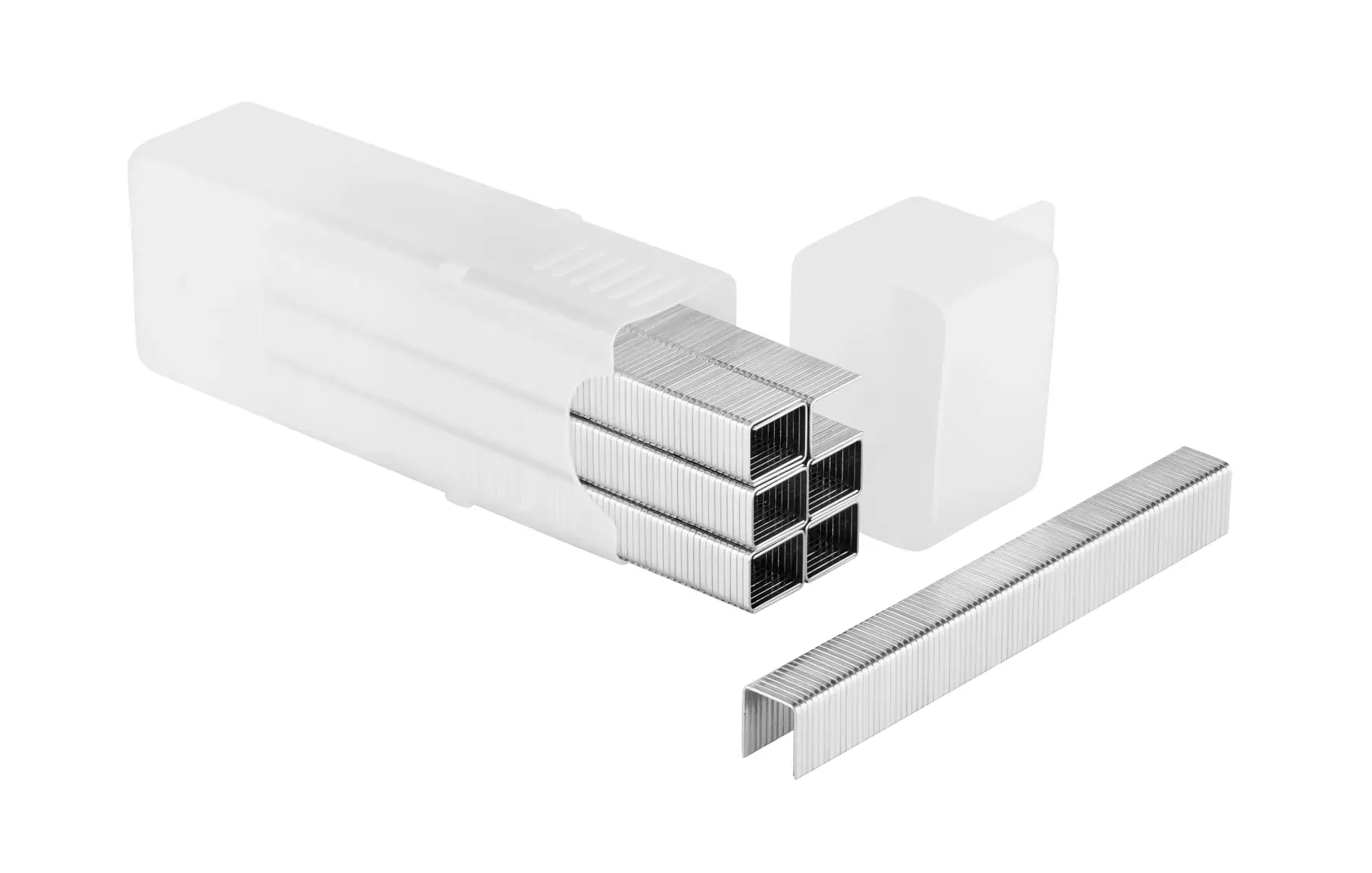Silver metal staples grouped and a single staple, with a partially visible transparent storage box.