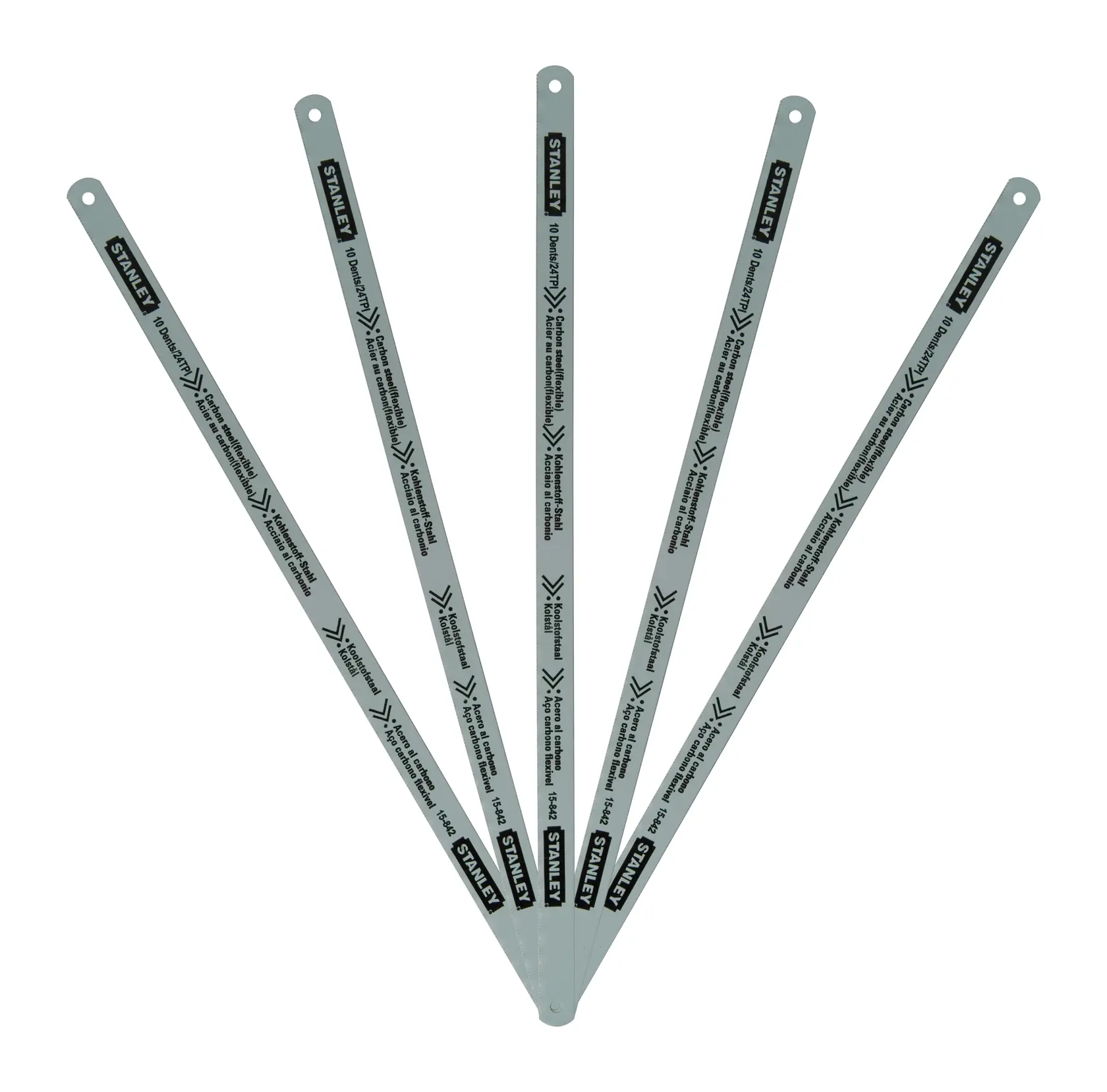 STANLEY 1-15-842 pack of 100 24TPI hacksaw blades, black and yellow packaging, rear angle view.