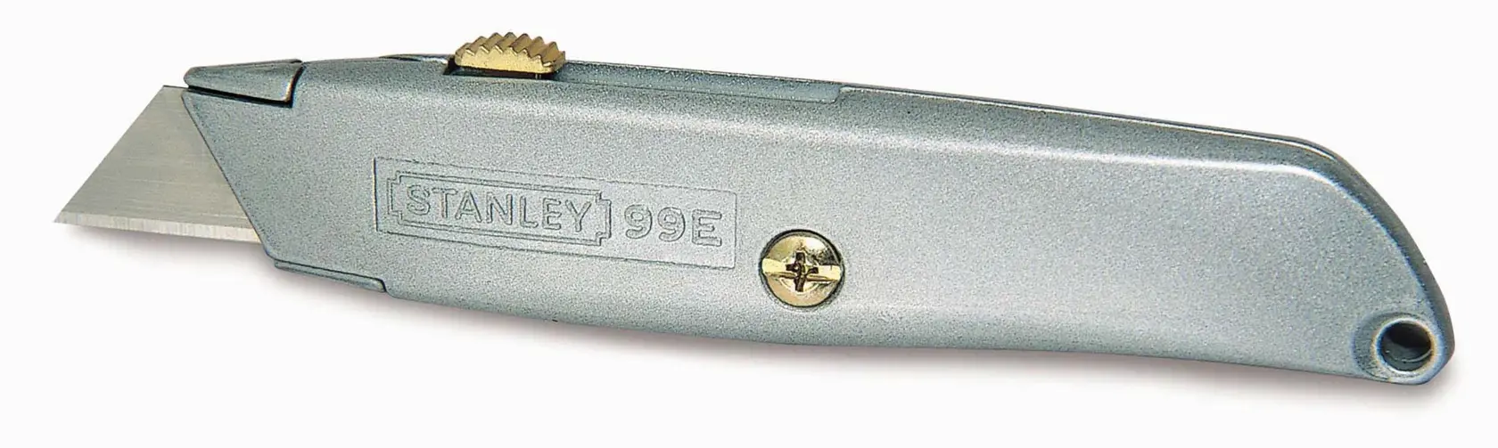 Silver Stanley utility knife with retractable blade and metal body, shown on a white background.