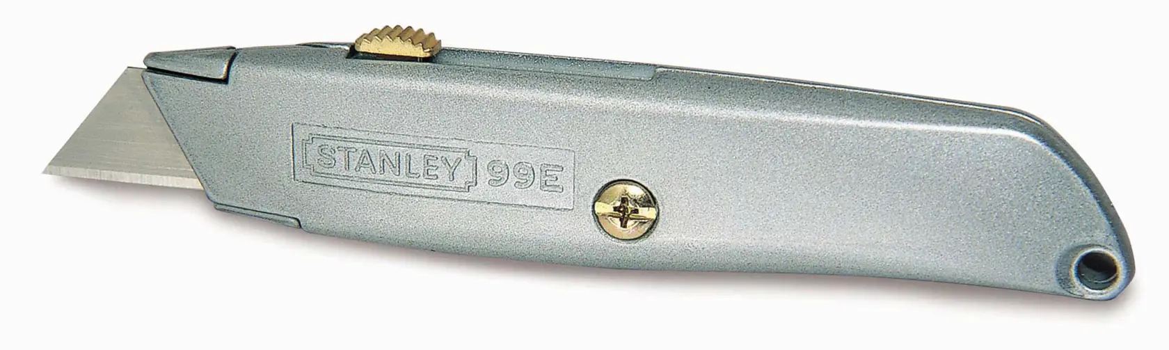 STANLEY 2-10-099 silver utility knife side view, straight handle with exposed blade.
