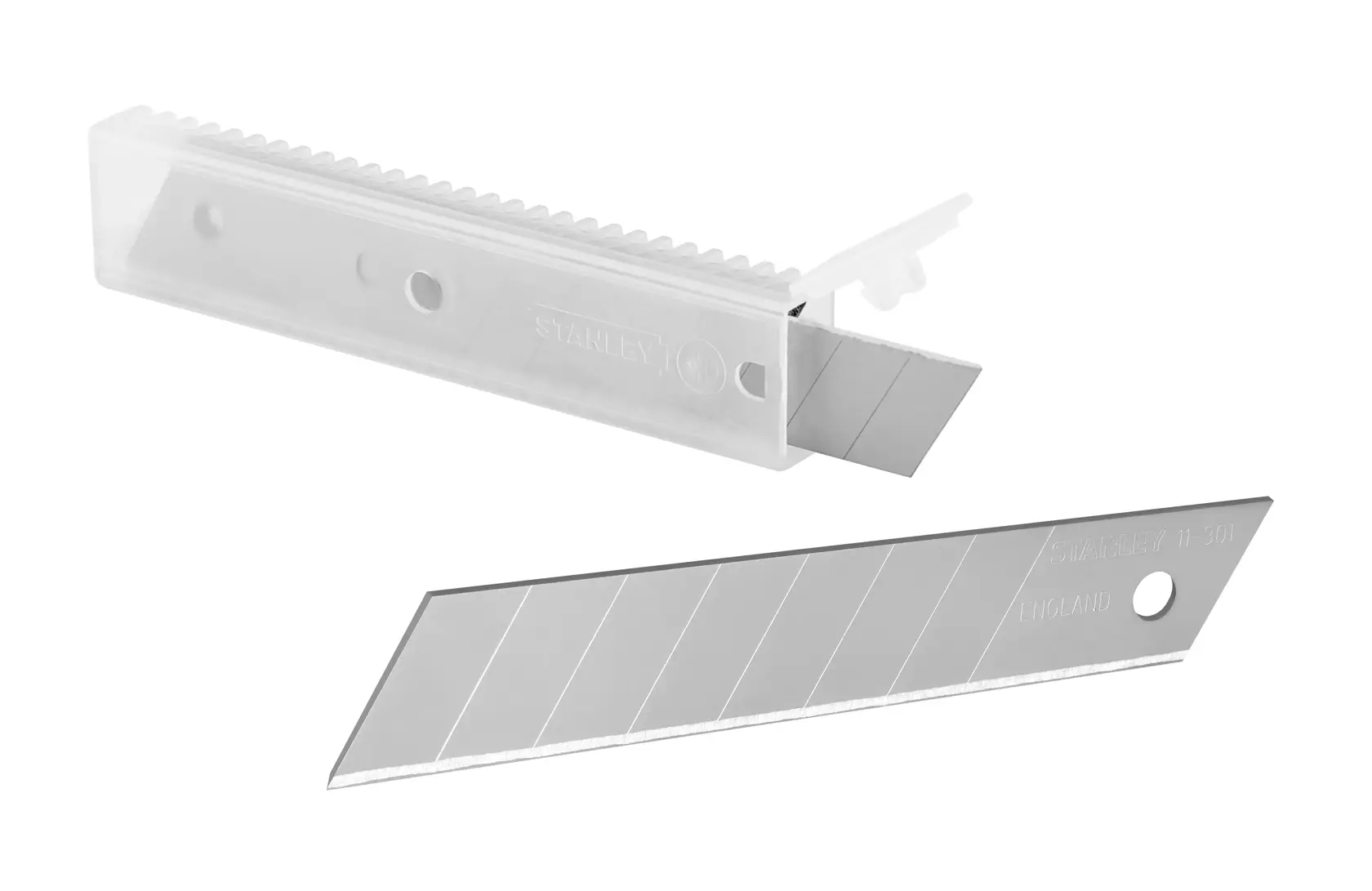 Stanley snap-off utility blade set with storage case and one detached blade, suitable for cutting tasks.