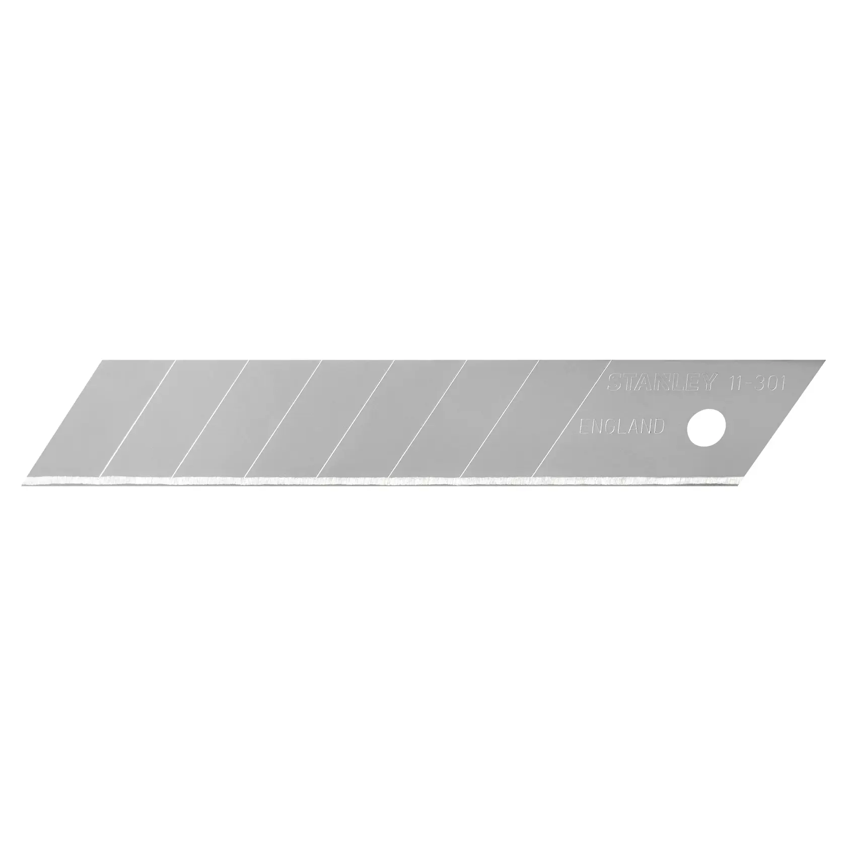 STANLEY 2-11-301 snap-off utility knife blade, silver, straight angle, close-up on white background.