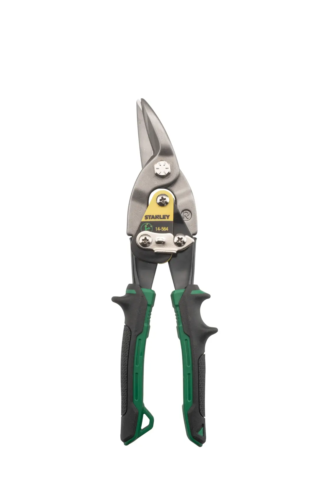 Stanley FatMax green-handled aviation snips, model 14-564, for cutting sheet metal or similar materials.