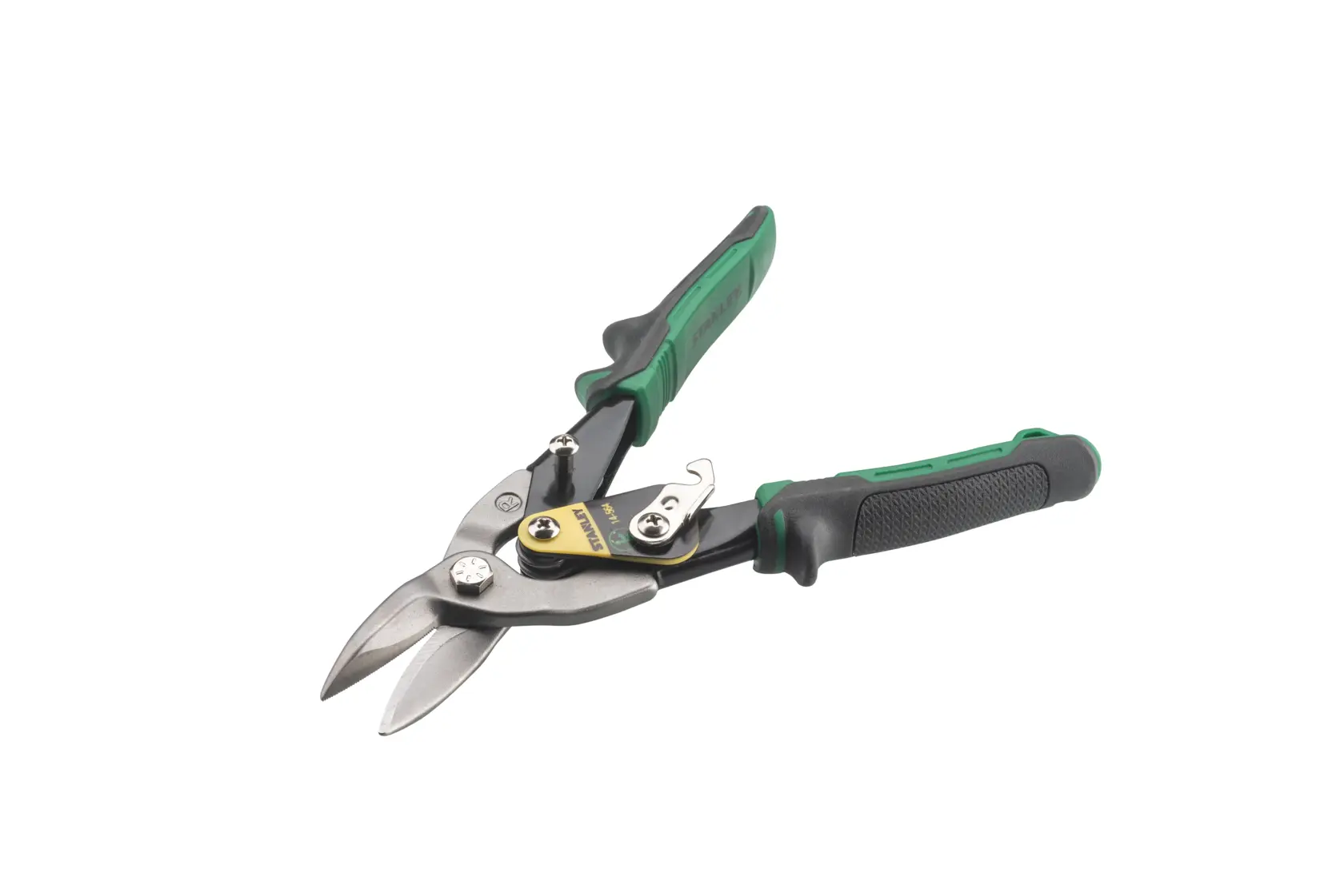 STANLEY 2-14-564 aviation snips with green and black handles, angled view on white background.