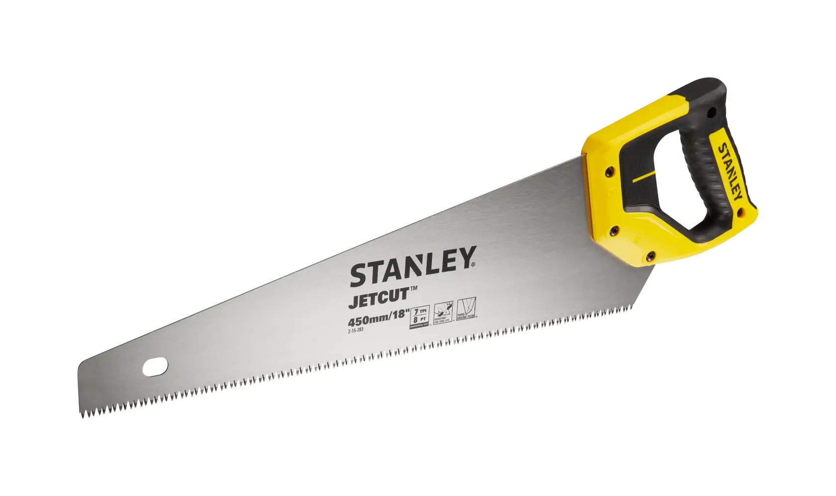 Stanley Jetcut hand saw with yellow and black handle, 450mm blade, for woodworking and cutting tasks.