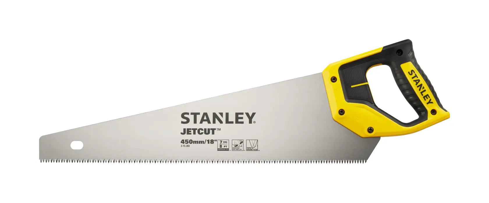 STANLEY 2-15-283 Jetcut hand saw, 450mm blade, yellow and black handle, side view, photography.