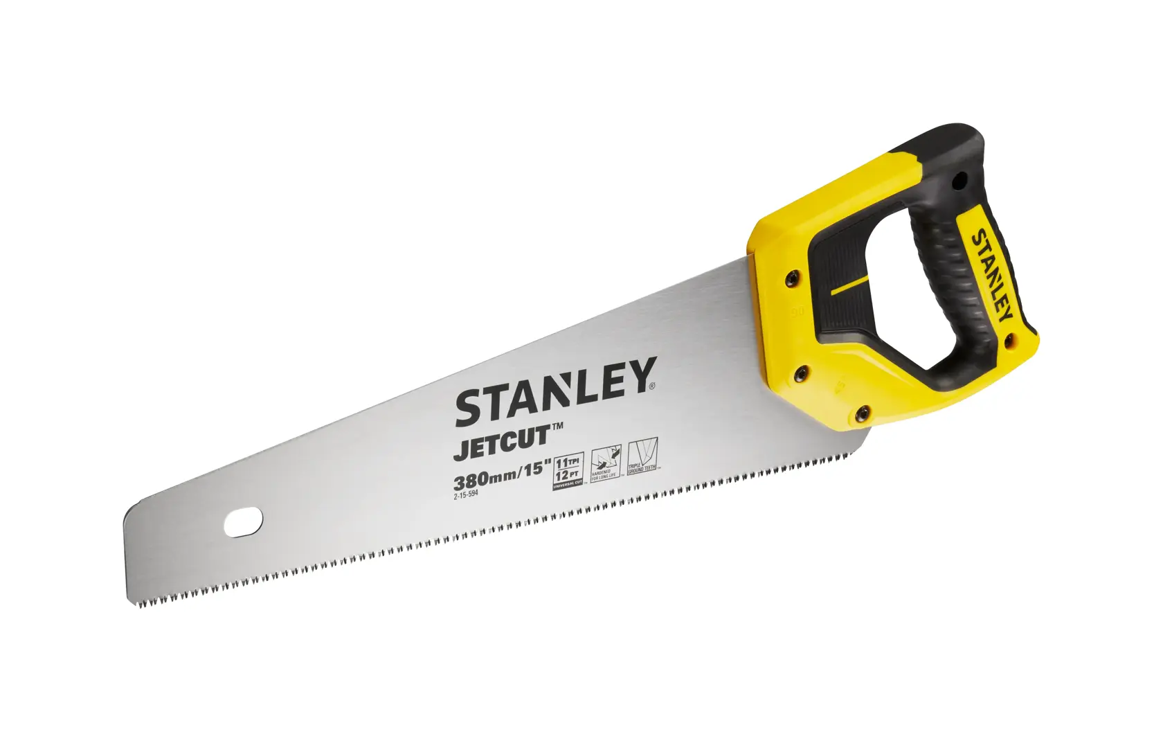 Stanley Jetcut hand saw with yellow and black handle, 380mm blade designed for fast wood cutting.