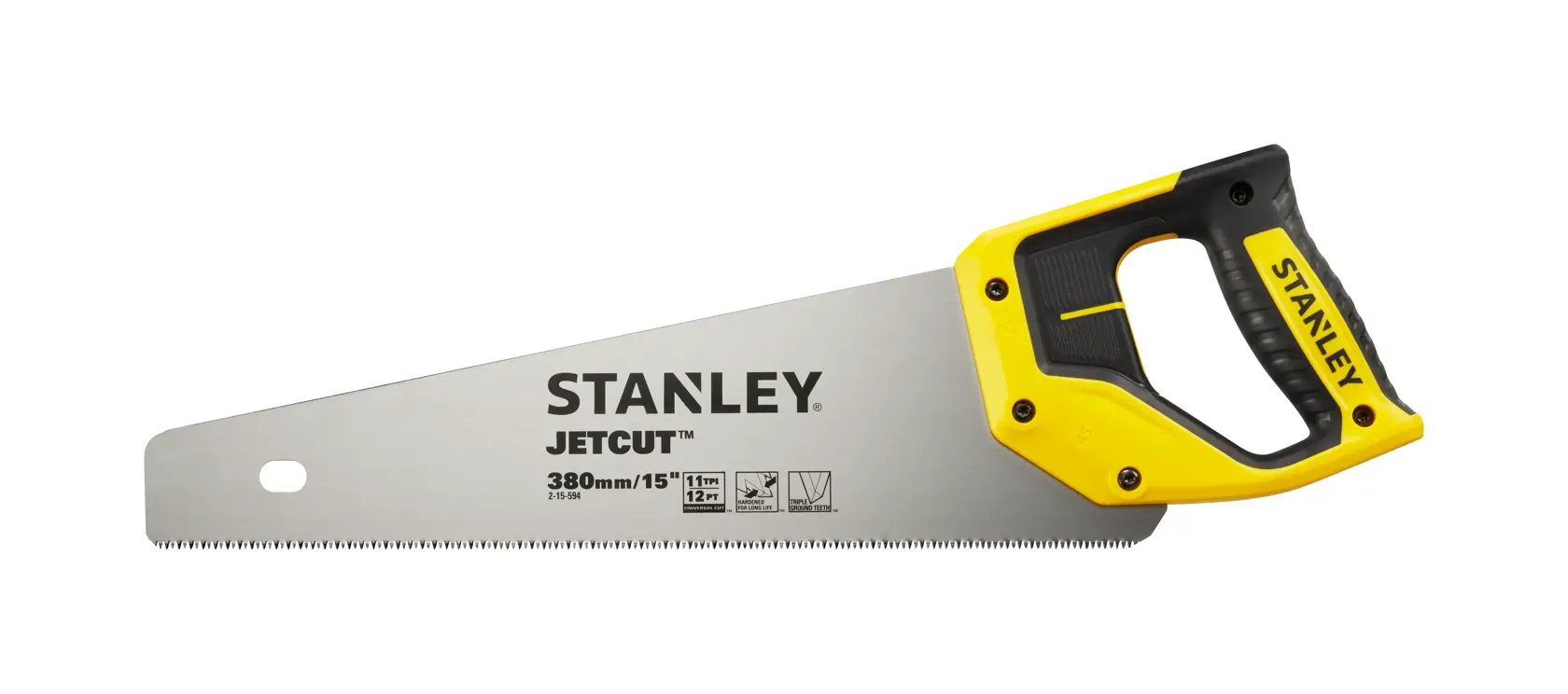 Stanley JetCut hand saw with yellow handle and 380mm steel blade, suitable for cutting wood.