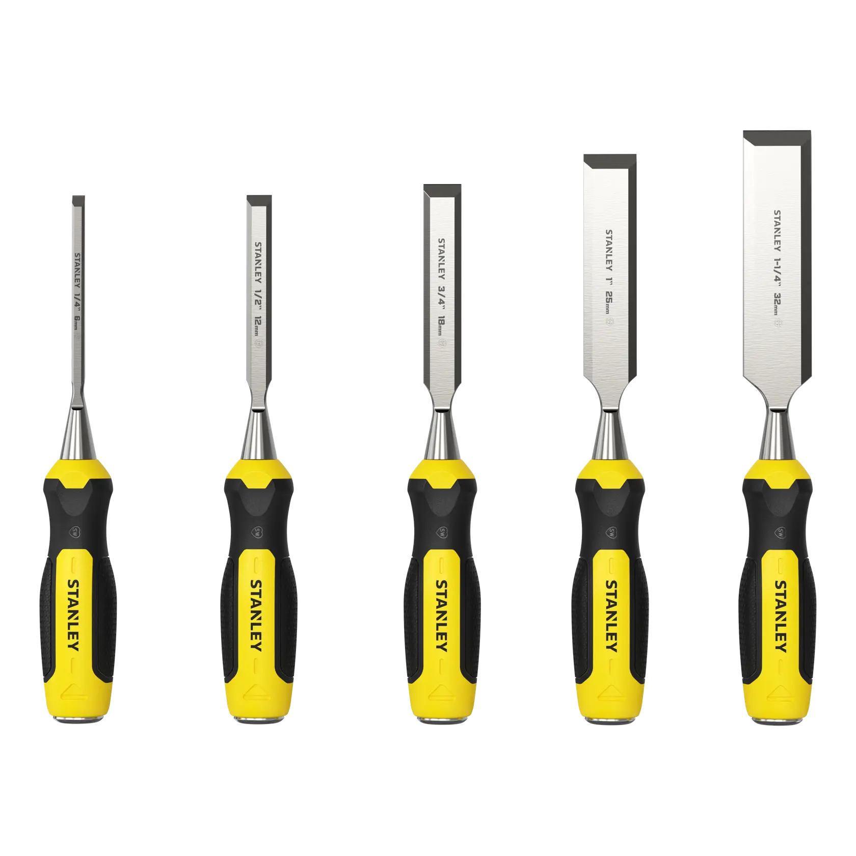 STANLEY 2-16-885 chisel set with yellow and black handles, photography on white background